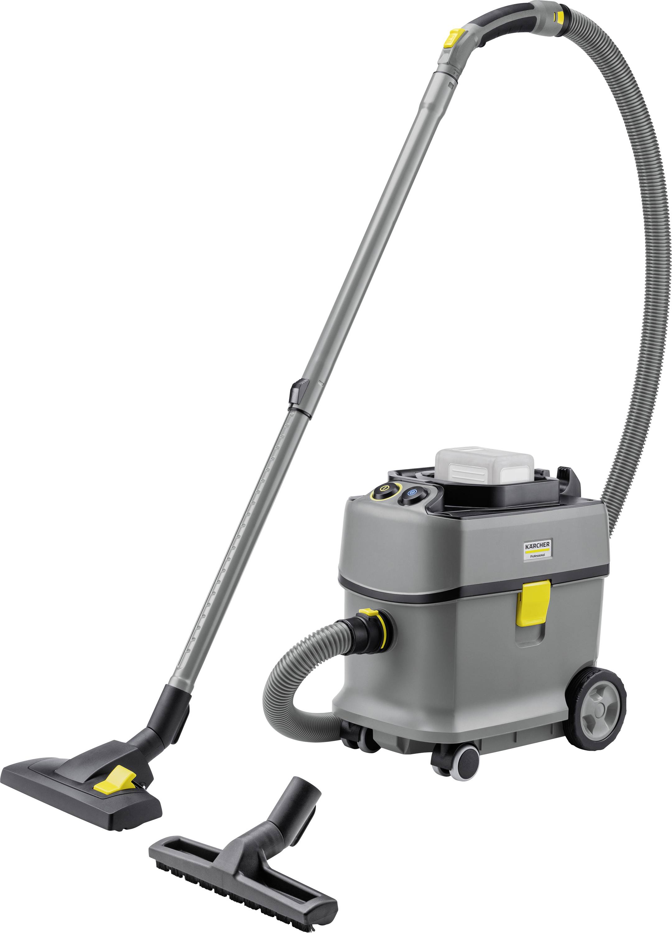 Grau-gelber Staubsauger auf Rollen mit langem Saugschlauch und mehreren Düsenaufsätzen.