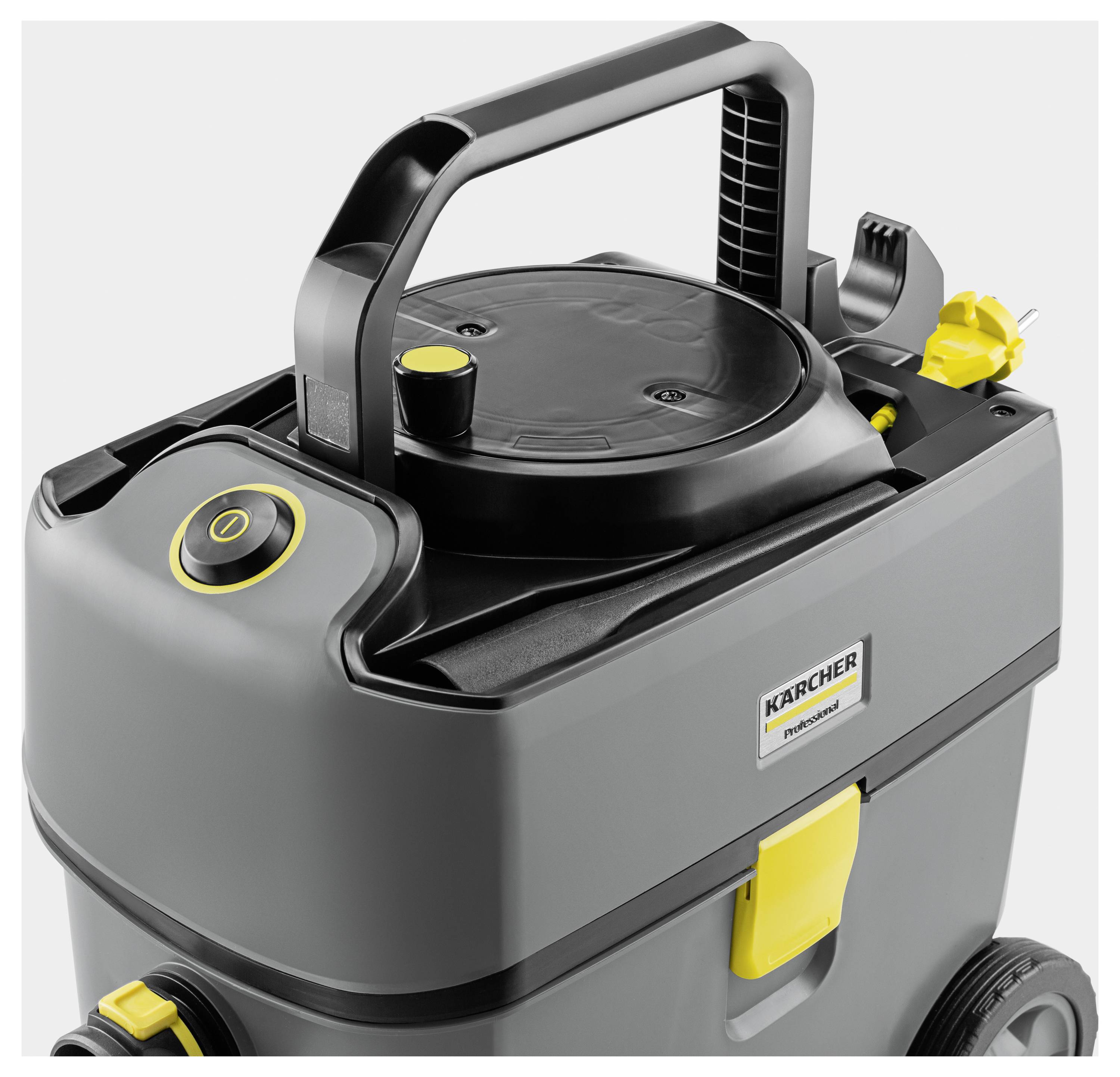 Ein grauer Staubsauger mit schwarzem Griff und gelben Akzenten, seitlicher Ein/Aus-Schalter, Markenlogo auf der Vorderseite.