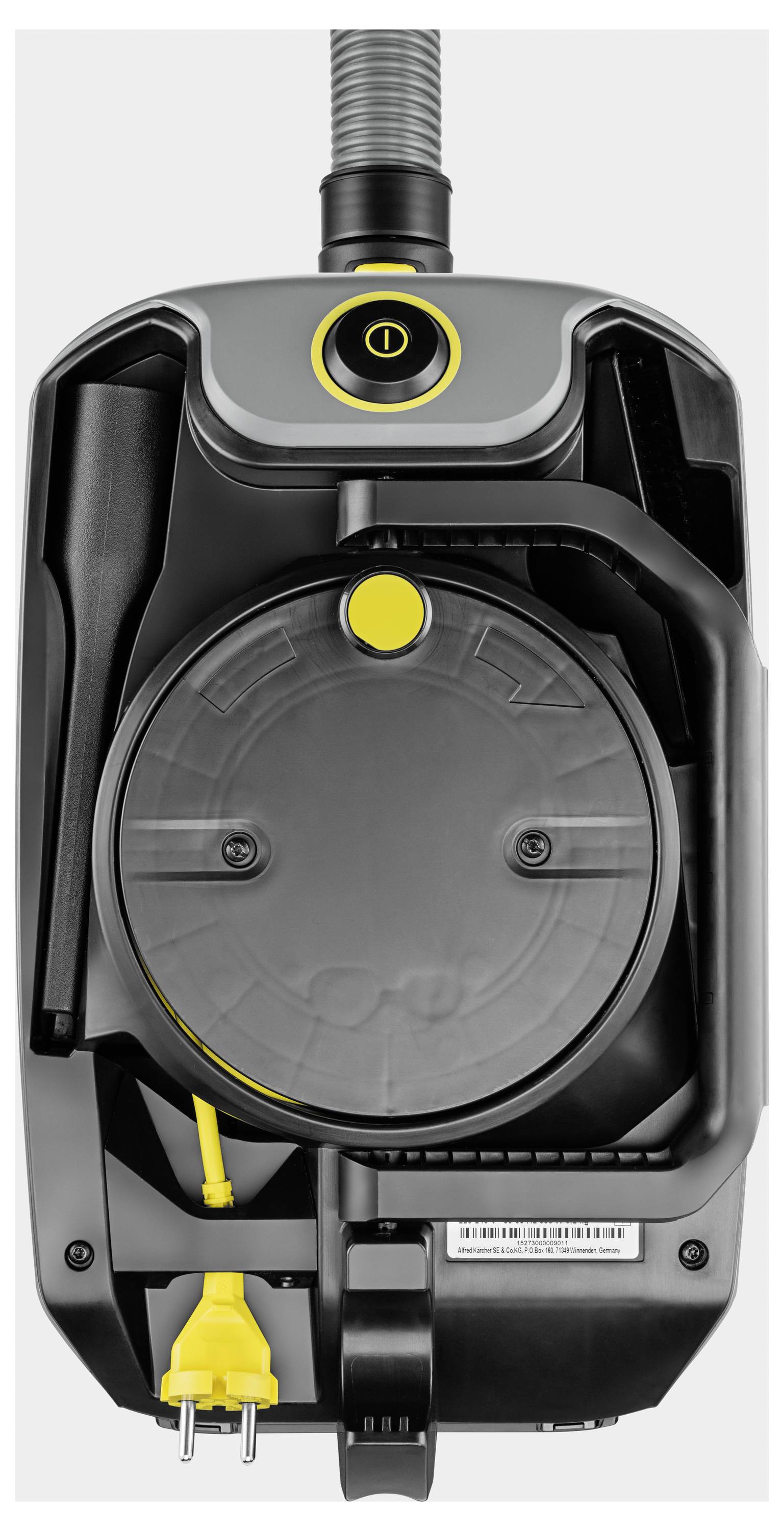 Staubsauger von oben, mit Kabelaufwicklung und gelbem Stecker, schwarzem und grauem Design, zentralem rundem Element und gelben Akzenten.