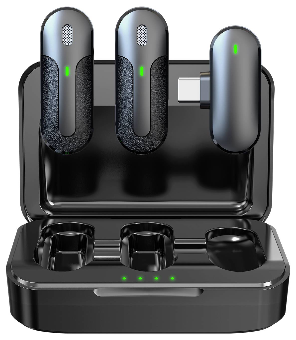 Tragbares Ladegerät mit geöffnetem Deckel, zeigt drei aufgeladene batteriebetriebene Geräte, grün leuchtende Anzeigen für den Ladezustand.