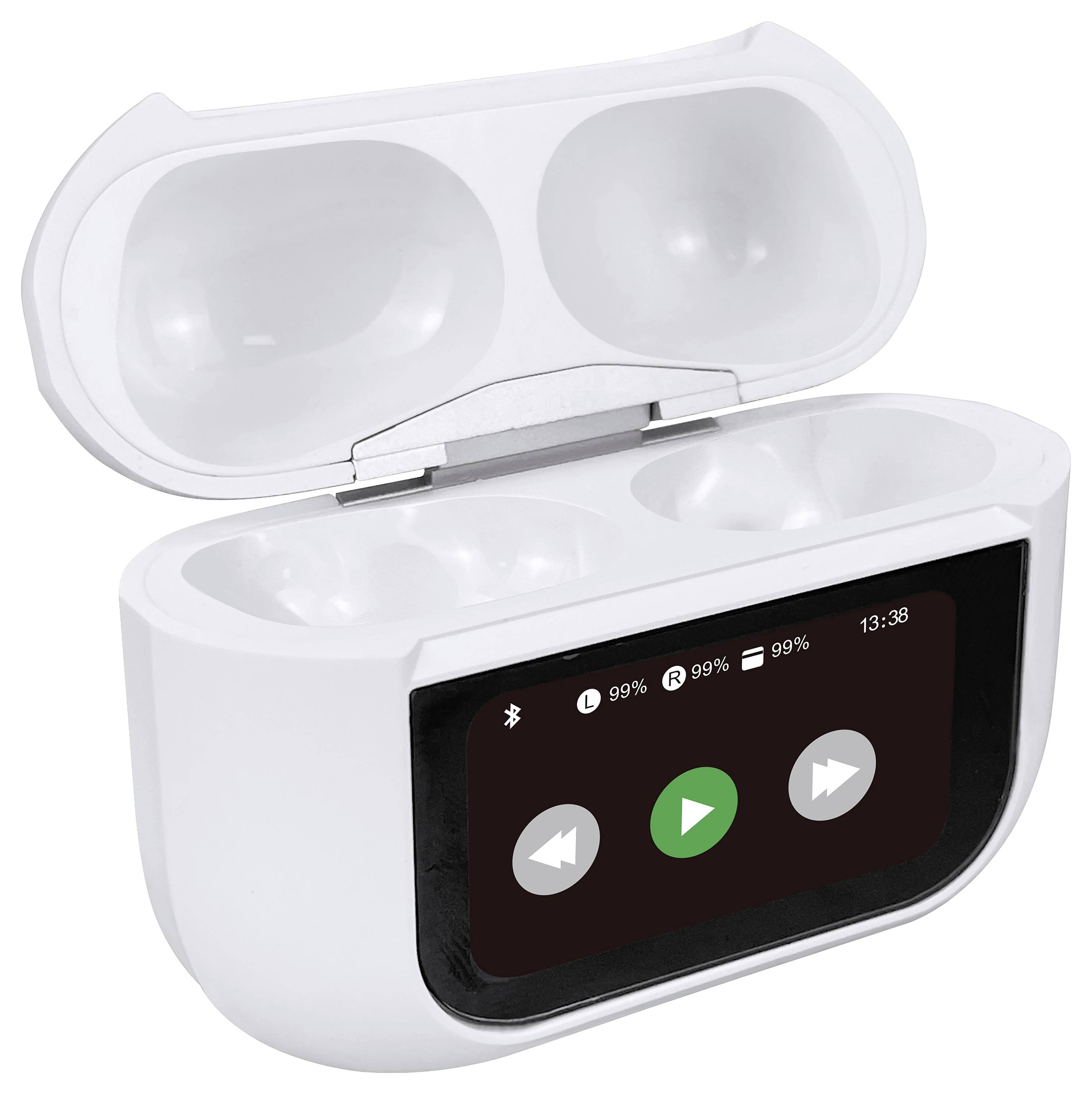 Weiße kabellose Kopfhörer in geöffneter Ladehülle mit digitalem Display, das Akkustand, Bluetooth-Verbindung und Uhrzeit anzeigt.