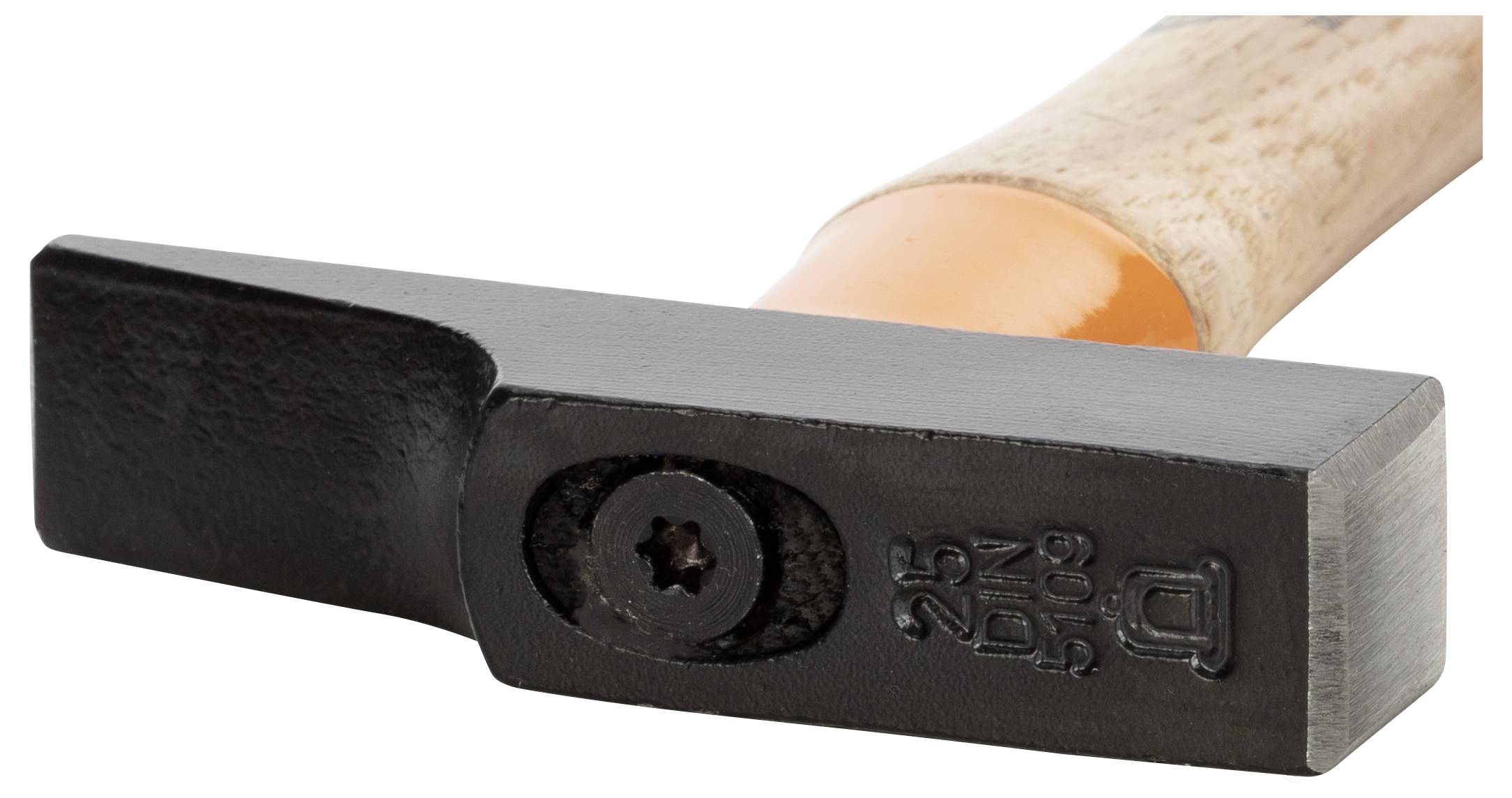 Ein Hammer mit schwarzem, rechteckigem Kopf und orangem Schaft ist abgebildet. Holzgriff, geeignet für Zimmermannsarbeiten.