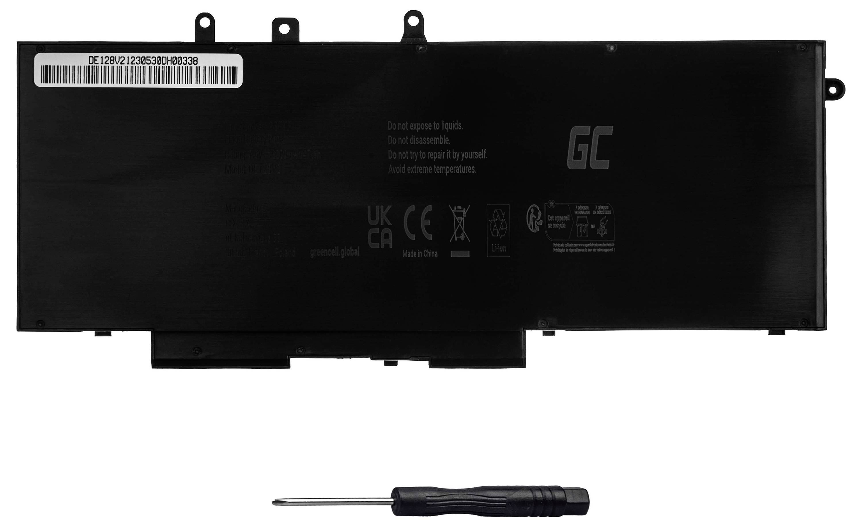 Schwarzer Laptop-Akku der Marke GC mit weißen technischen Angaben auf der Rückseite. Ein Schraubendreher liegt vorne.