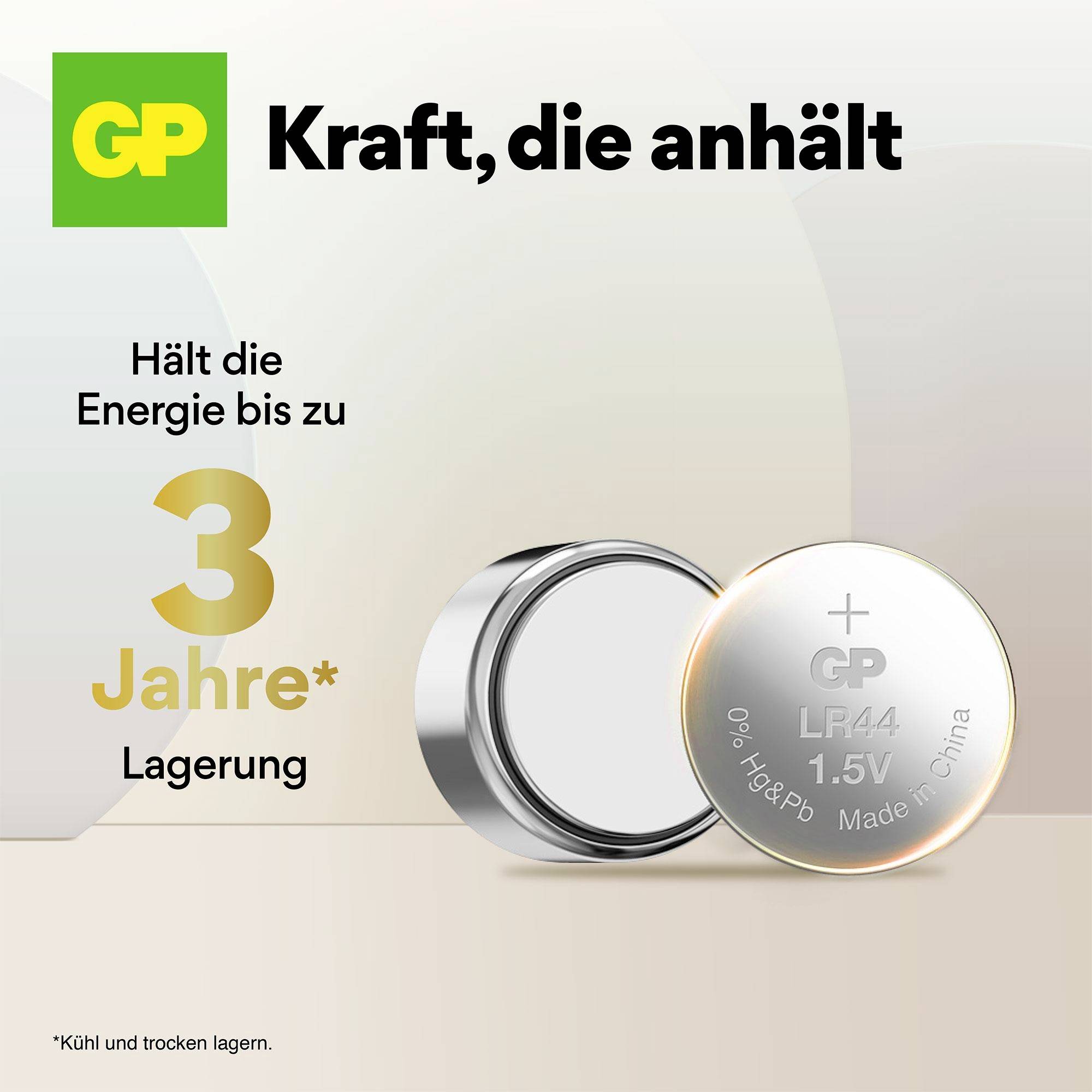 'GP LR44 Batterie, hält Energie bis zu 3 Jahre Lagerung. Kraft, die anhält.' Zwei Batterien abgebildet. Hinweise: kühl und trocken lagern.