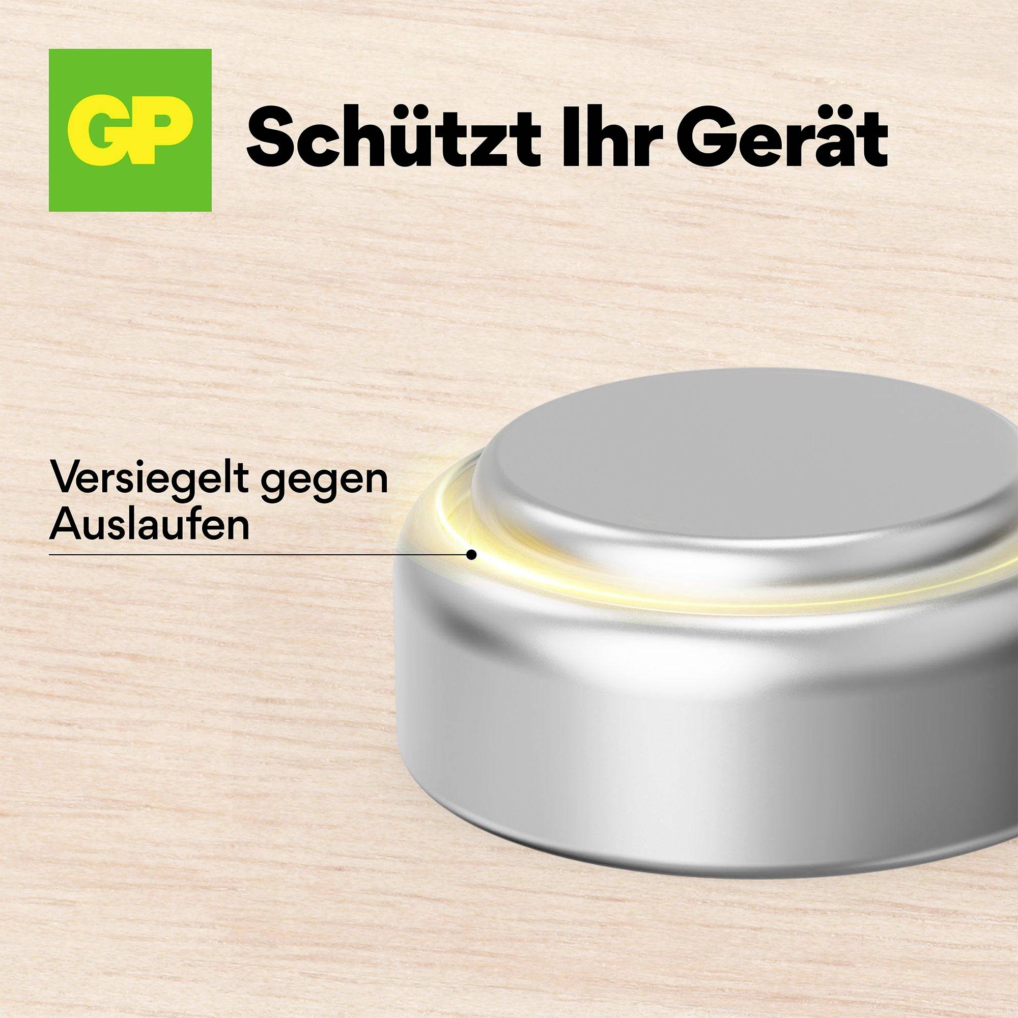 Ein silberner zylindrischer Gegenstand mit einer Beschriftung: 'Versiegelt gegen Auslaufen', Logo 'GP' und Text 'Schützt Ihr Gerät'.