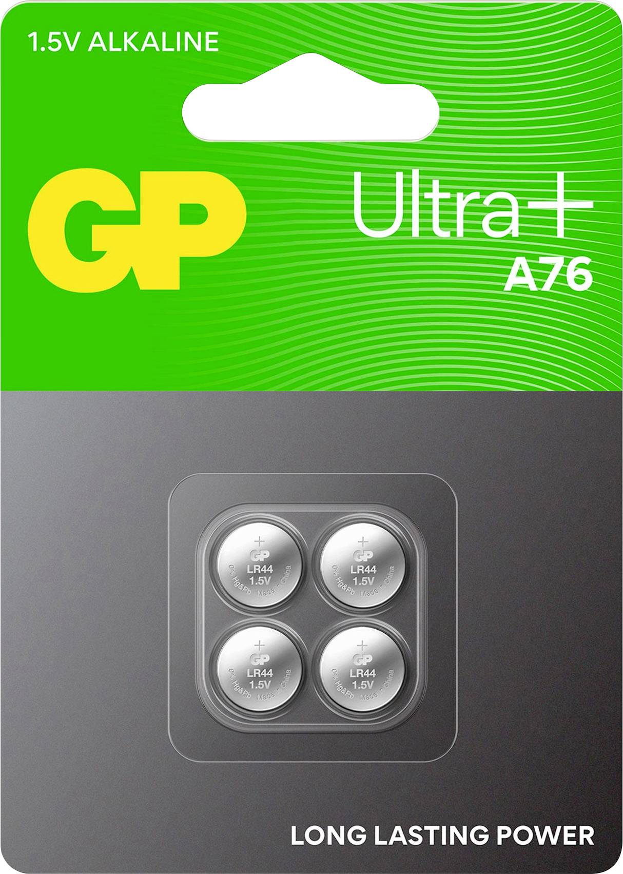Verpackung mit vier GP Ultra+ A76 1,5V Alkaline-Knopfzellen, beworben als 'LONG LASTING POWER'.