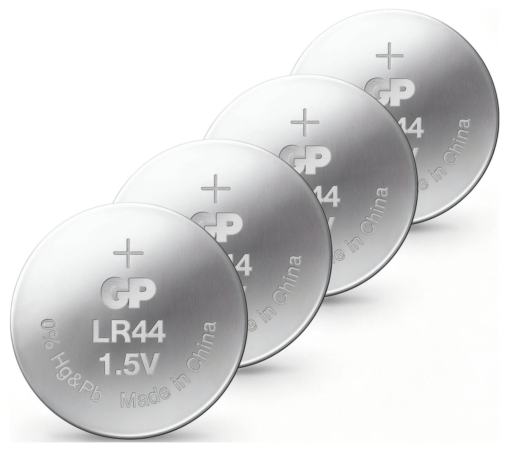 Vier LR44 1,5-V-Knopfzellenbatterien von GP, silbern, diagonal übereinander gestapelt.