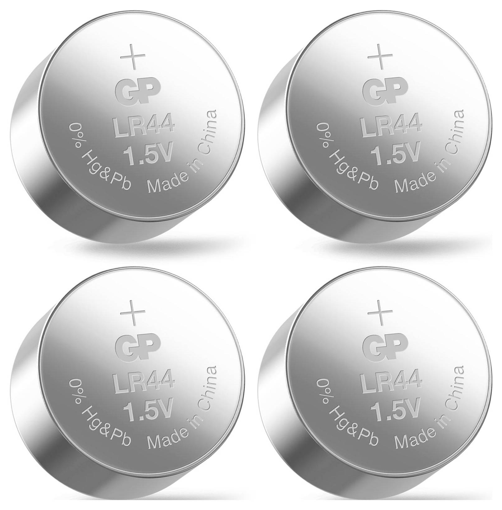 Vier silberne Knopfzellenbatterien vom Typ GP LR44, jeweils mit der Aufschrift '1.5V, 0% Hg&Pb, Made in China'.