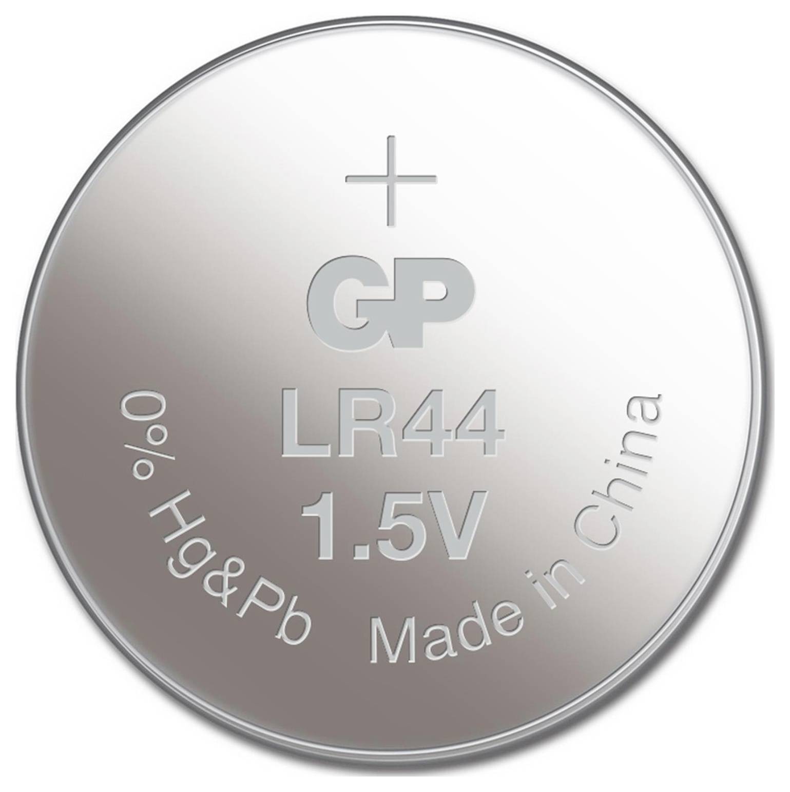 Runde Silberbatterie mit der Aufschrift 'GP LR44 1.5V, 0% Hg&Pb, Made in China'. Positiver Pol oben.