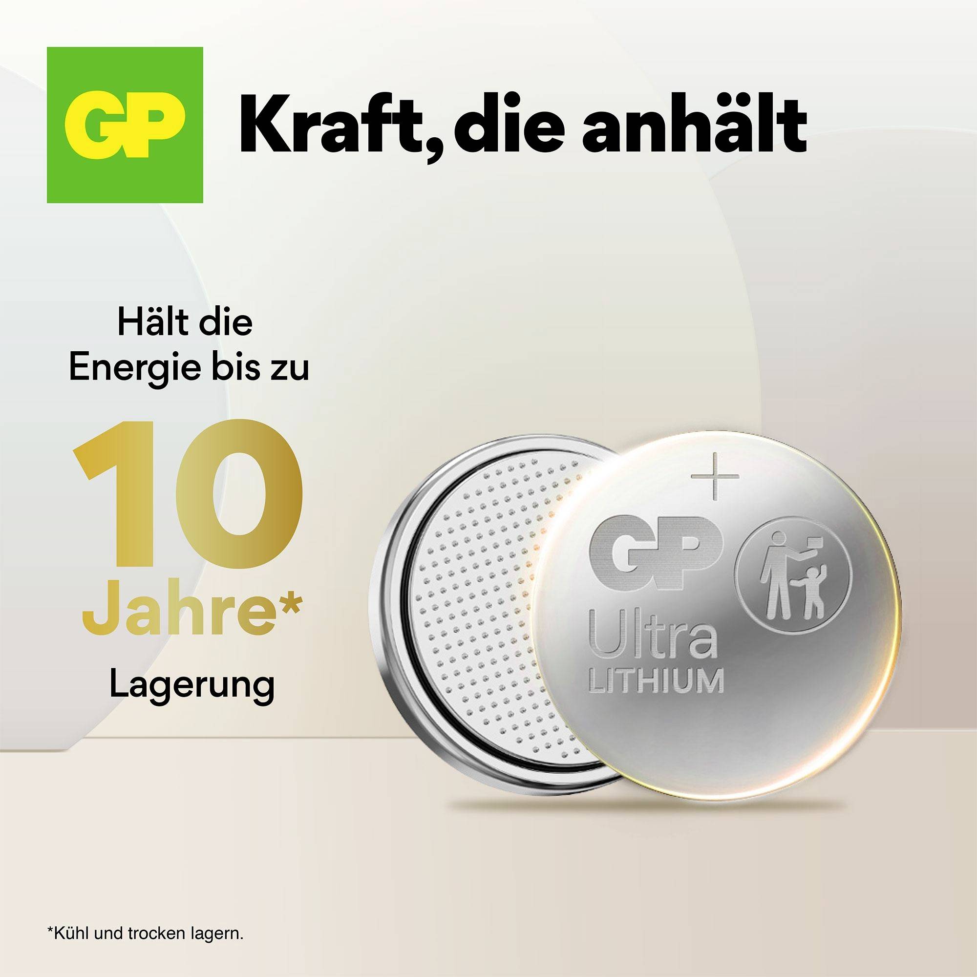 'GP Ultra Lithium CR2032' Batterieverpackung. Der Text sagt: 'Kraft, die anhält', und 'Hält die Energie bis zu 10 Jahre Lagerung'.