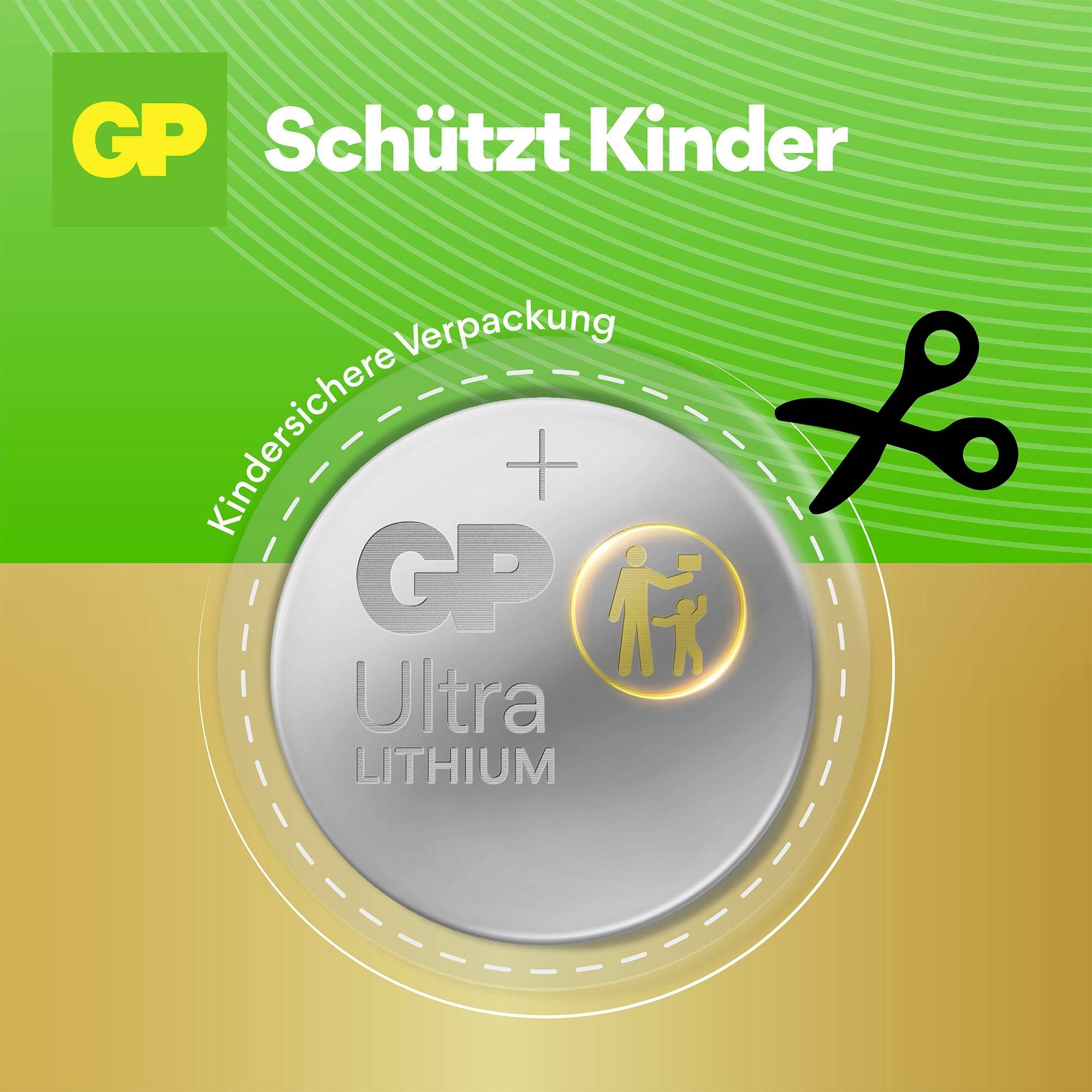 Ein grün-gelbes Design mit dem Text 'Schützt Kinder'. Symbolisiert kindersichere Verpackung von GP Ultra Lithium Batterien. Schere-Symbol oben rechts.