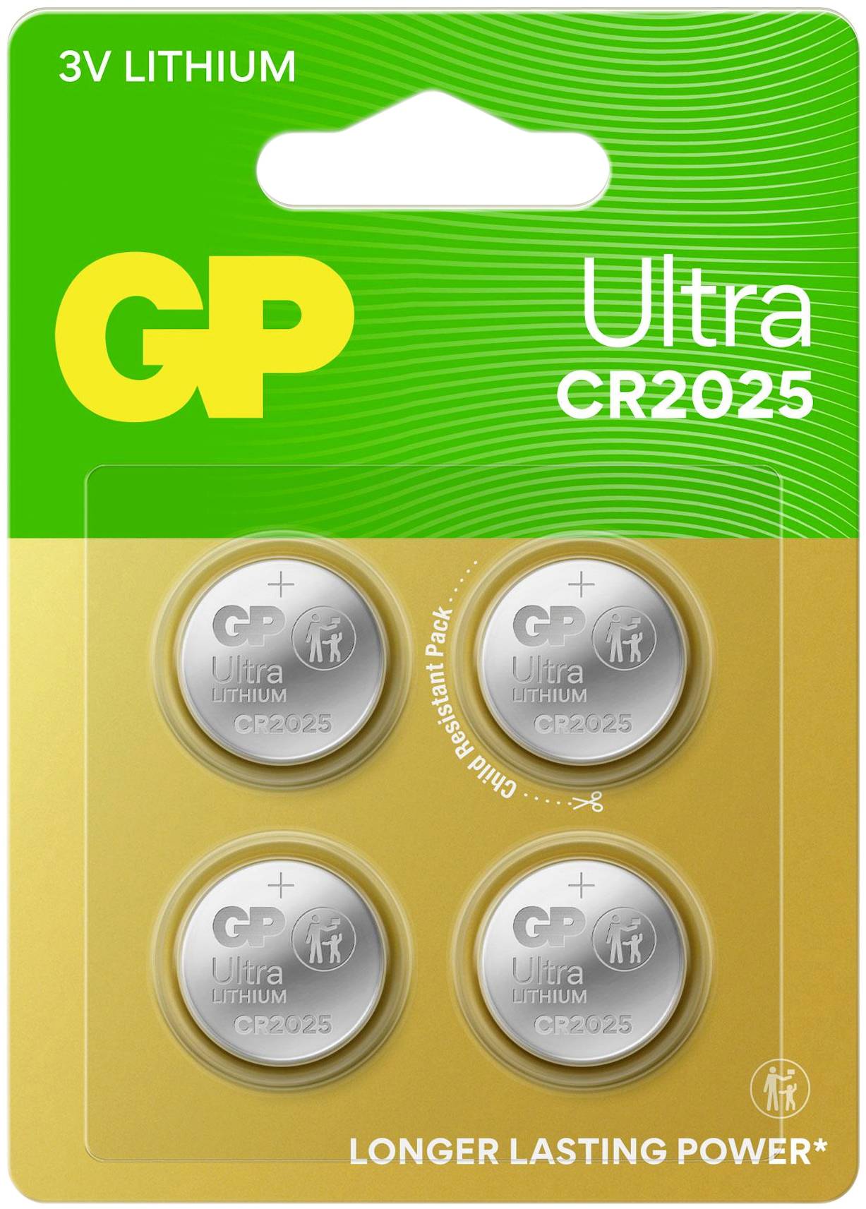 'GP Ultra CR2025' Knopfzellenbatterien, 3V Lithium, 4er-Pack. Verpackung: grüne Oberseite, 'LONGER LASTING POWER' unten.