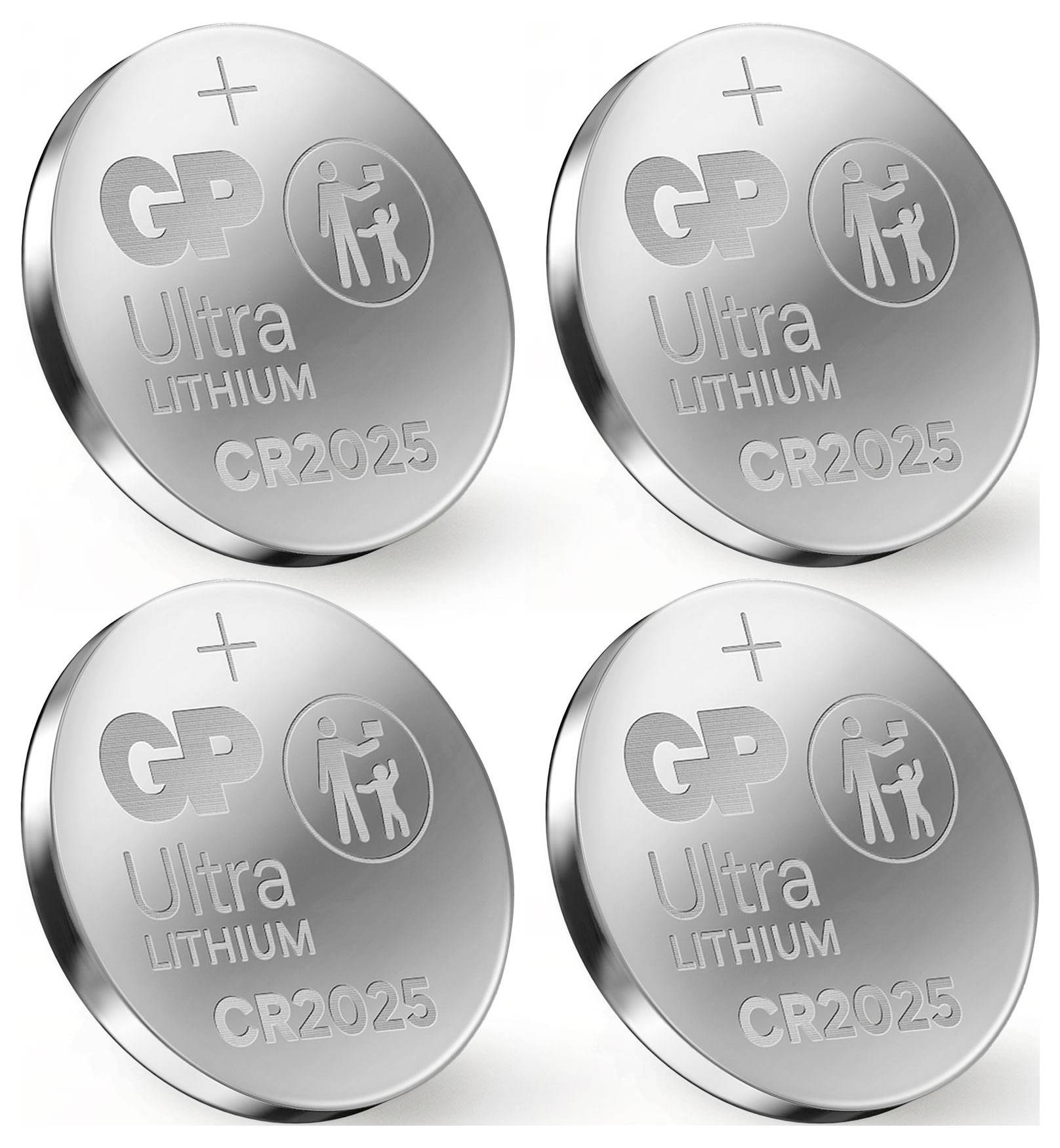 Vier runde CR2025 Ultra Lithium-Batterien von GP, jede mit Plus- und Minuspol-Anzeige. Ideal für kleine elektronische Geräte.