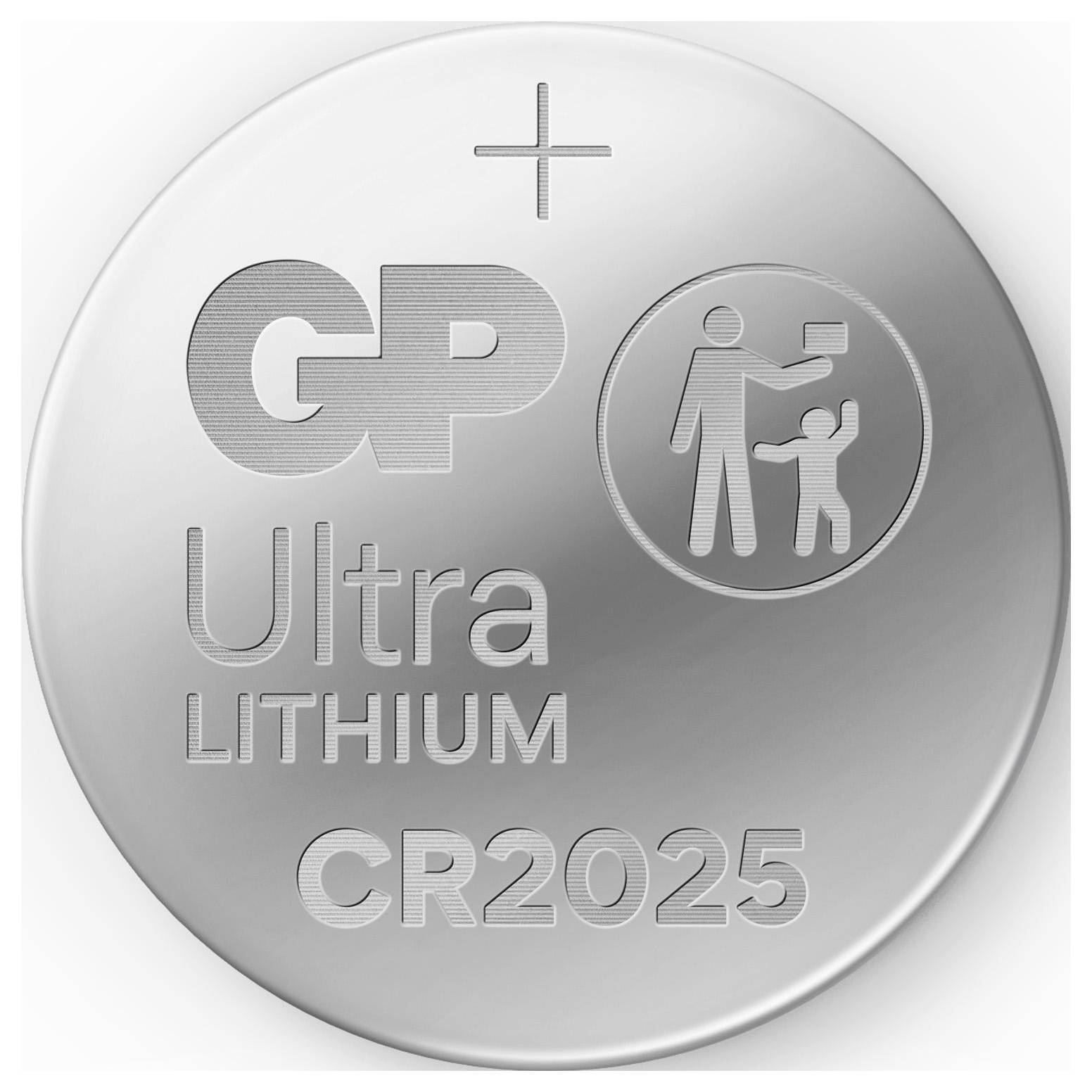 Silberne Knopfzellenbatterie mit Gravur 'GP Ultra Lithium CR2025' und Symbol für Entsorgungssicherheit.
