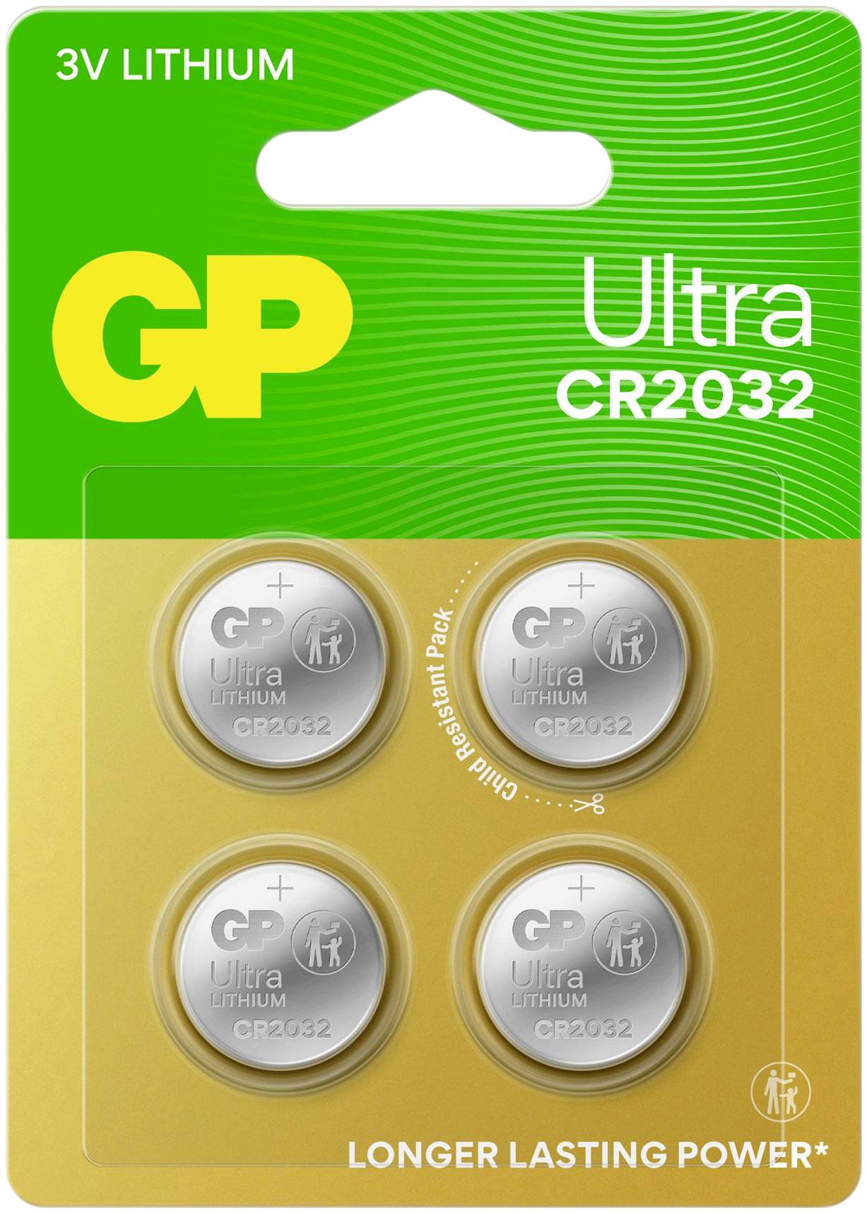 Vier GP Ultra CR2032 3V Lithium-Knopfzellen in einer grünen und goldenen Verpackung. Text betont: 'Länger anhaltende Power'.