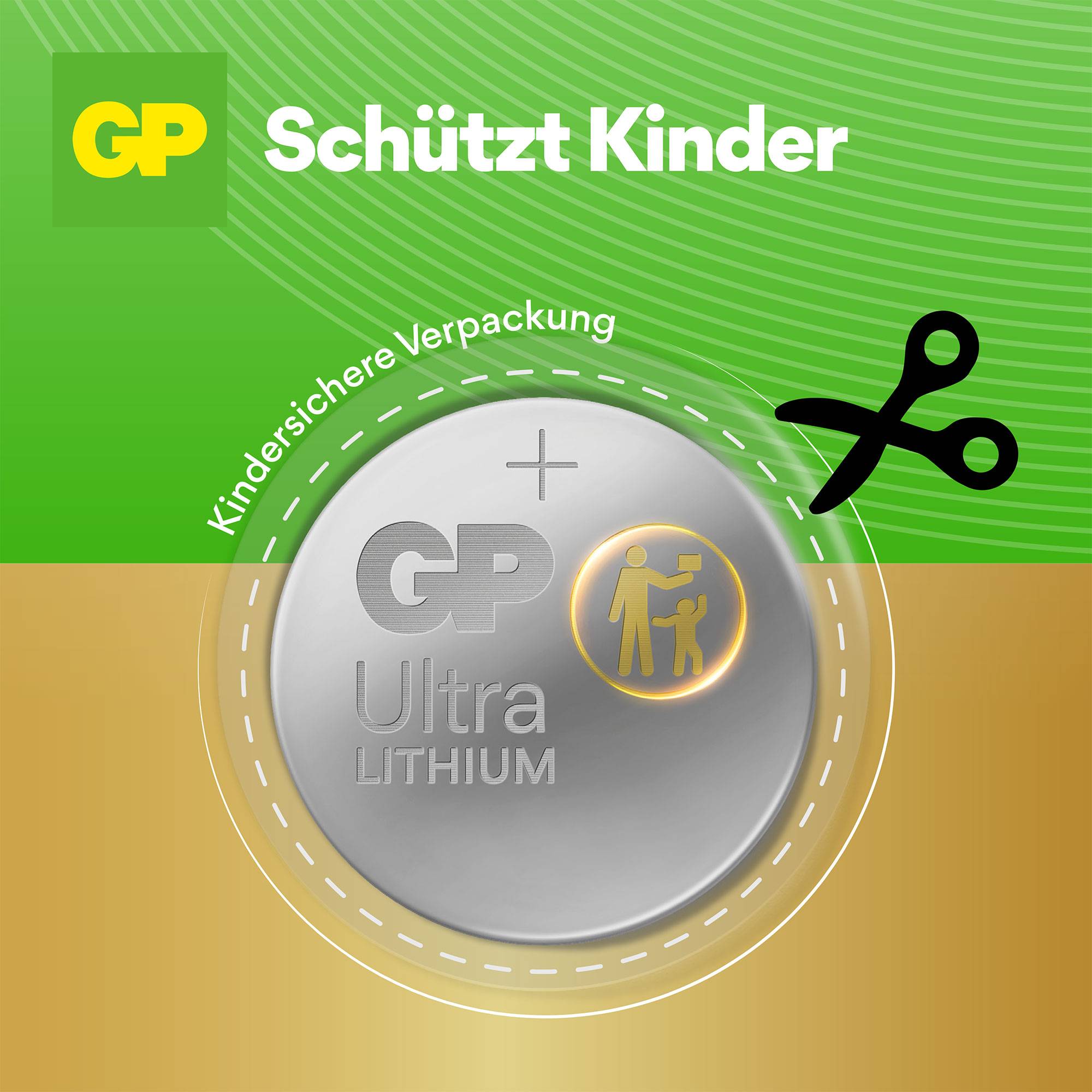 'Kindersichere Verpackung' und Schere-Symbol. Zeigt eine GP Ultra Lithium Batterie mit 'Schützt Kinder' Text auf grünem Hintergrund.
