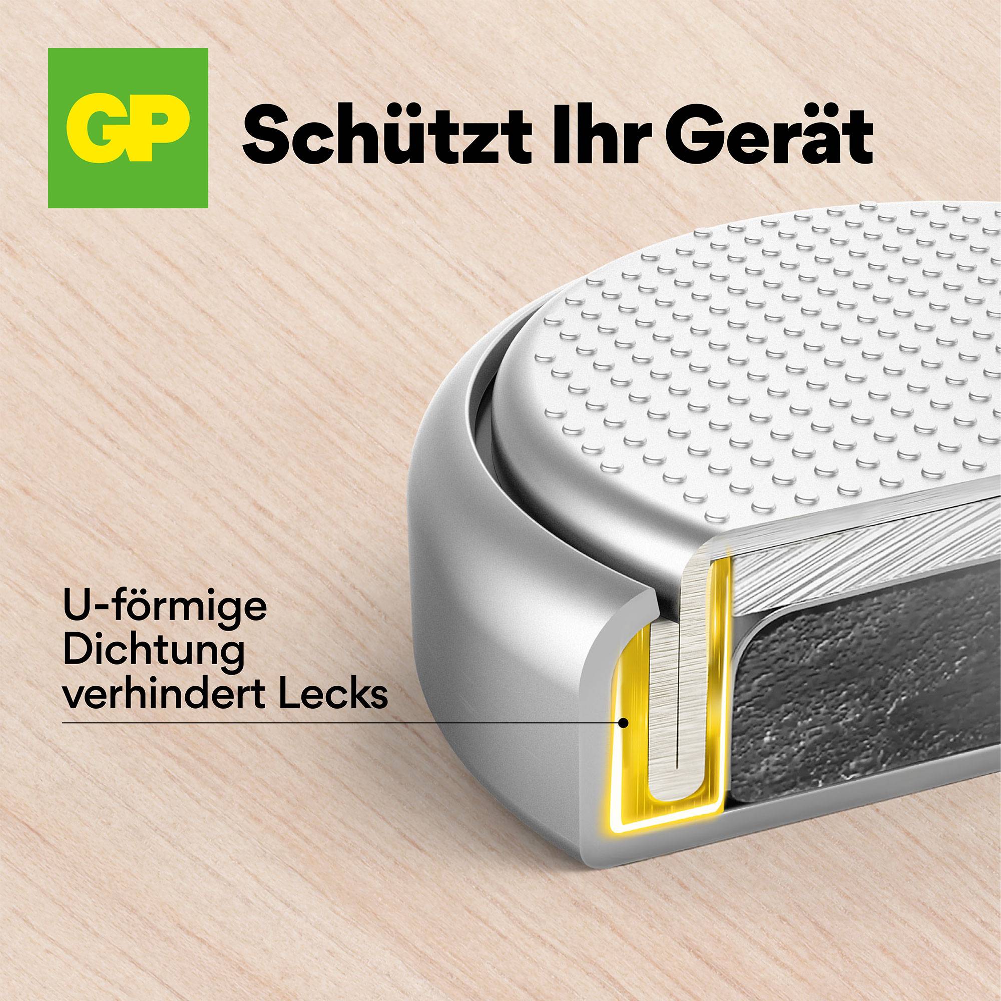 'Schützt Ihr Gerät' steht neben einer Nahaufnahme einer Batteriezelle mit U-förmiger Dichtung, die Lecks verhindern soll.