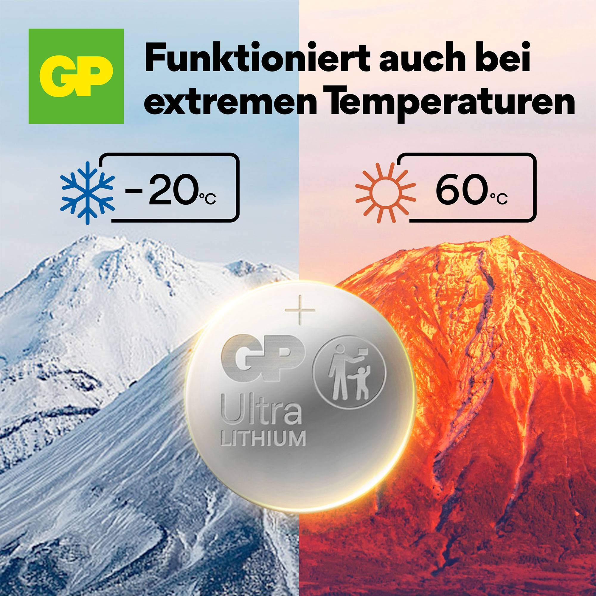 GP Ultra Lithium Batterie funktioniert auch bei extremen Temperaturen: -20°C bis 60°C. Bild zeigt einen verschneiten und einen vulkanischen Berg.