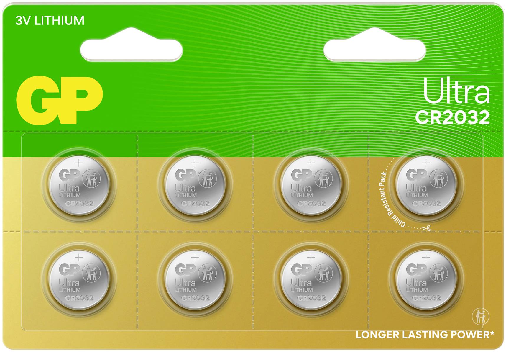 Acht Knopfzellen-Batterien GP Ultra CR2032, 3V Lithium, in Blisterverpackung. Oben links 'GP', rechts 'Ultra CR2032'.
