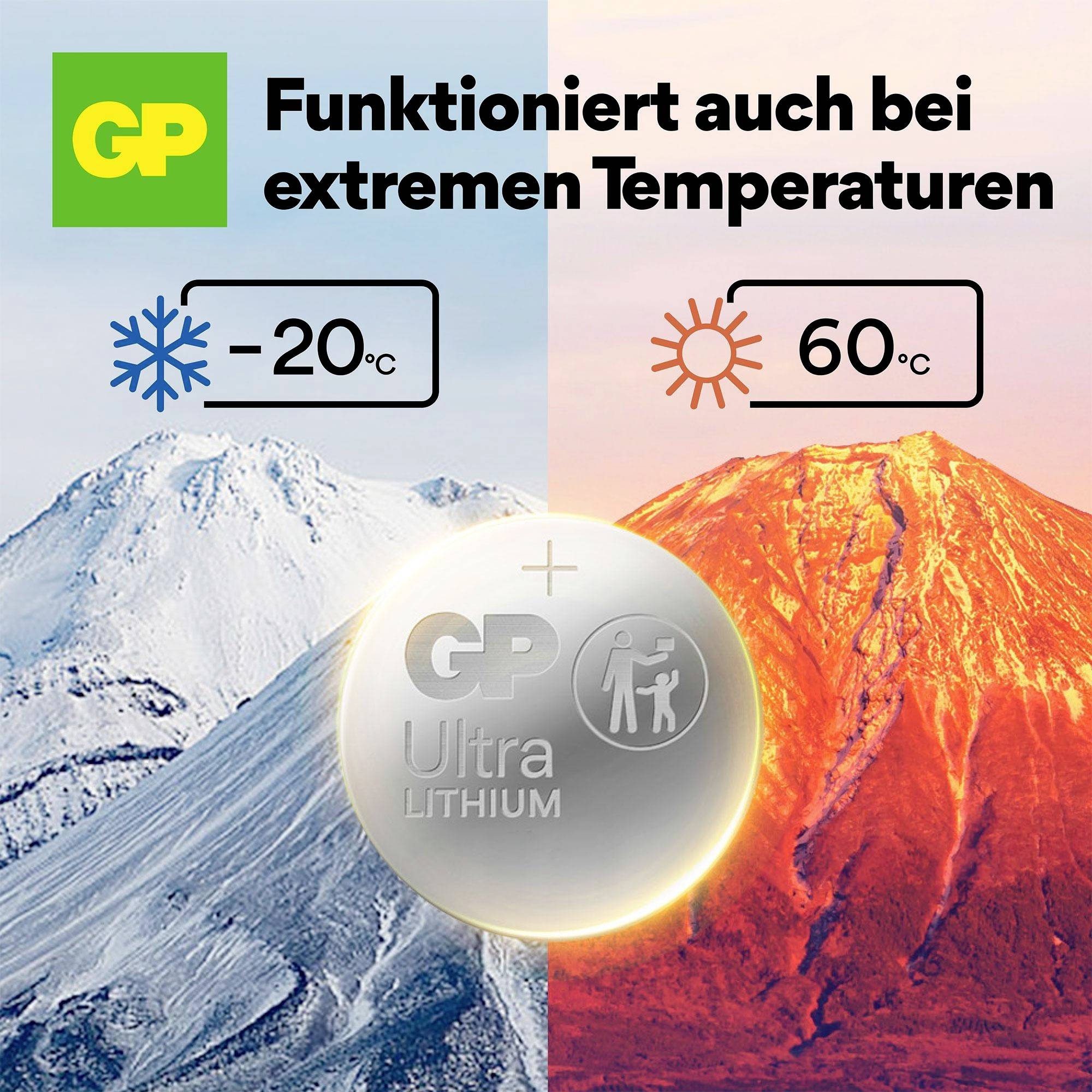 GP Ultra Lithium-Batterie funktioniert bei -20°C bis 60°C; Hintergrund zeigt kalten blauen Berg und warmen roten Berg.