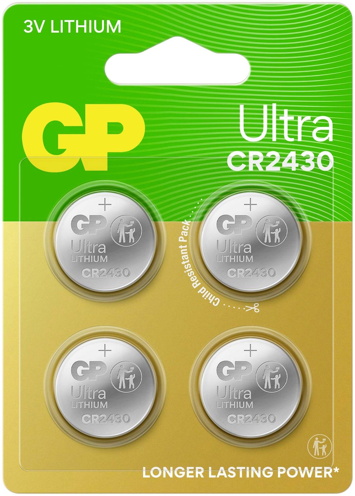 Vier Packungen GP Ultra Lithium CR2430 Batterien auf grün-gelbem Hintergrund. Text: 'Longer Lasting Power'.