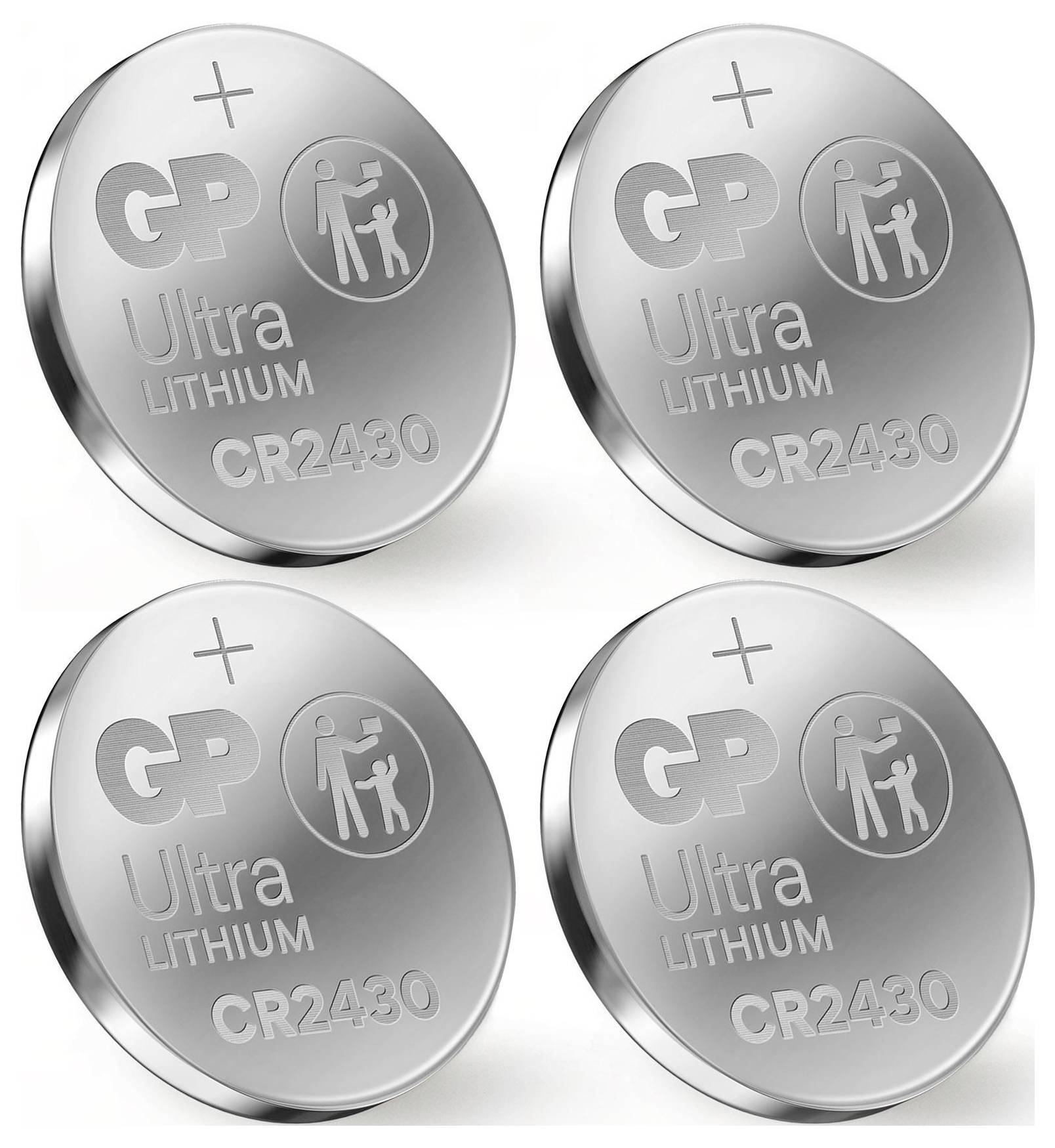 Vier silberne Lithium-Knopfzellen der Marke GP, Modell CR2430, mit aufgedrucktem Pluszeichen und Sicherheitslogo.