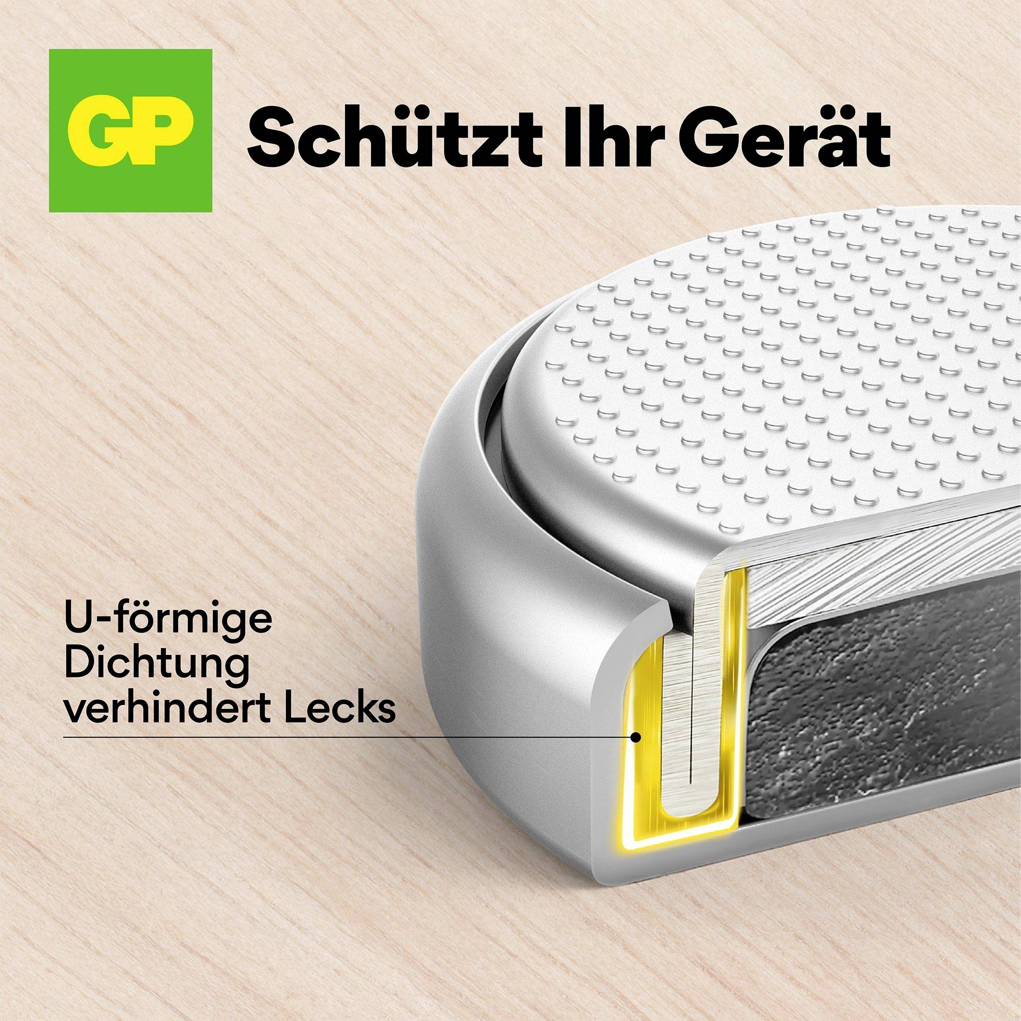 'GP - Schützt Ihr Gerät. U-förmige Dichtung verhindert Lecks.' Bild eines Batterie-Endstücks mit Fokus auf die Dichtung.