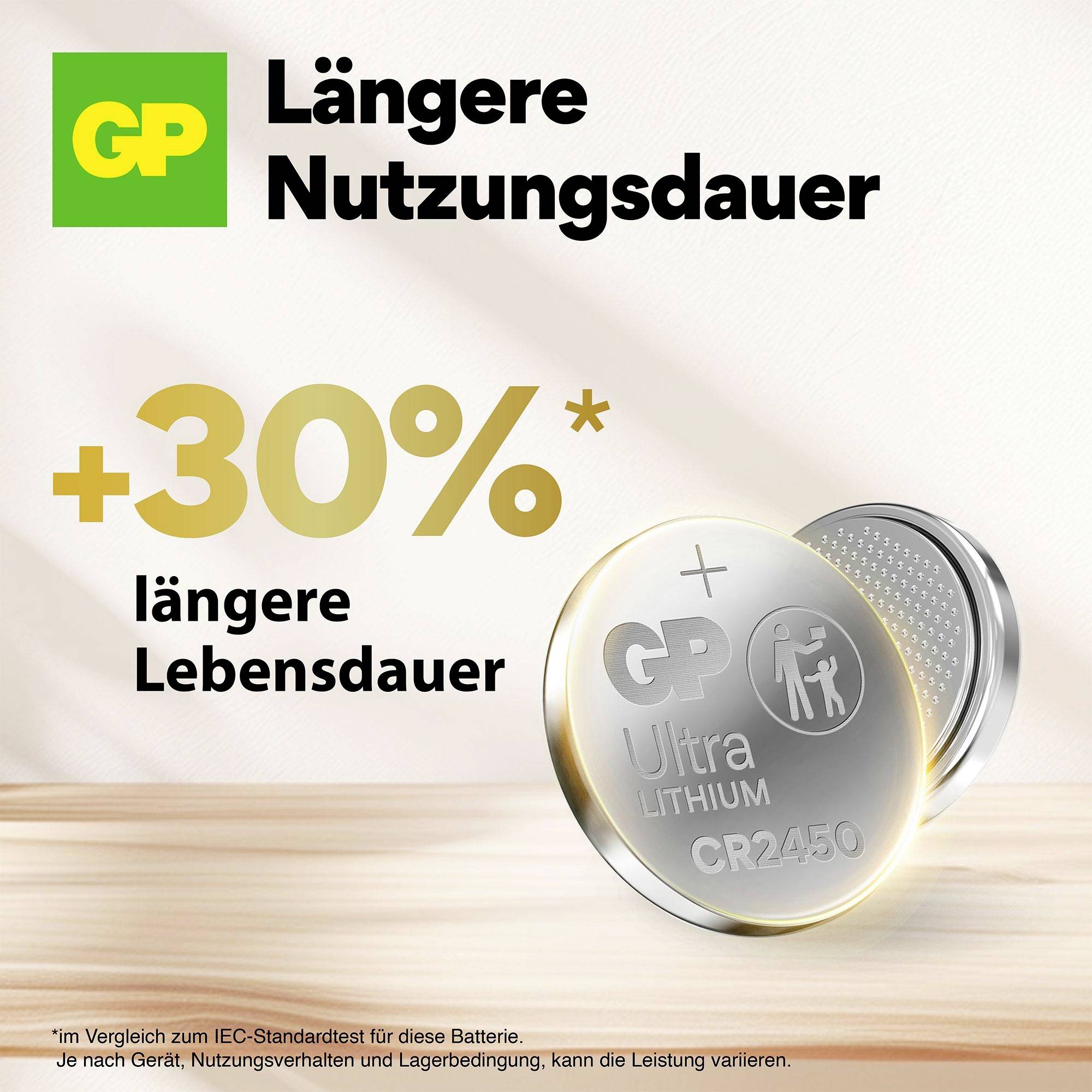 Werbung für GP Ultra Lithium Batterie CR2450 mit 30 % längerer Lebensdauer im Vergleich zum IEC-Standard.