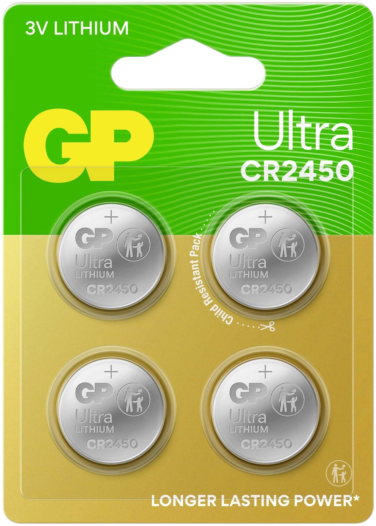 Eine Blisterpackung mit vier GP Ultra CR2450 Lithium-Batterien für 3V, gelb-grün und gold gefärbt, mit Aufschrift 'Longer Lasting Power'.