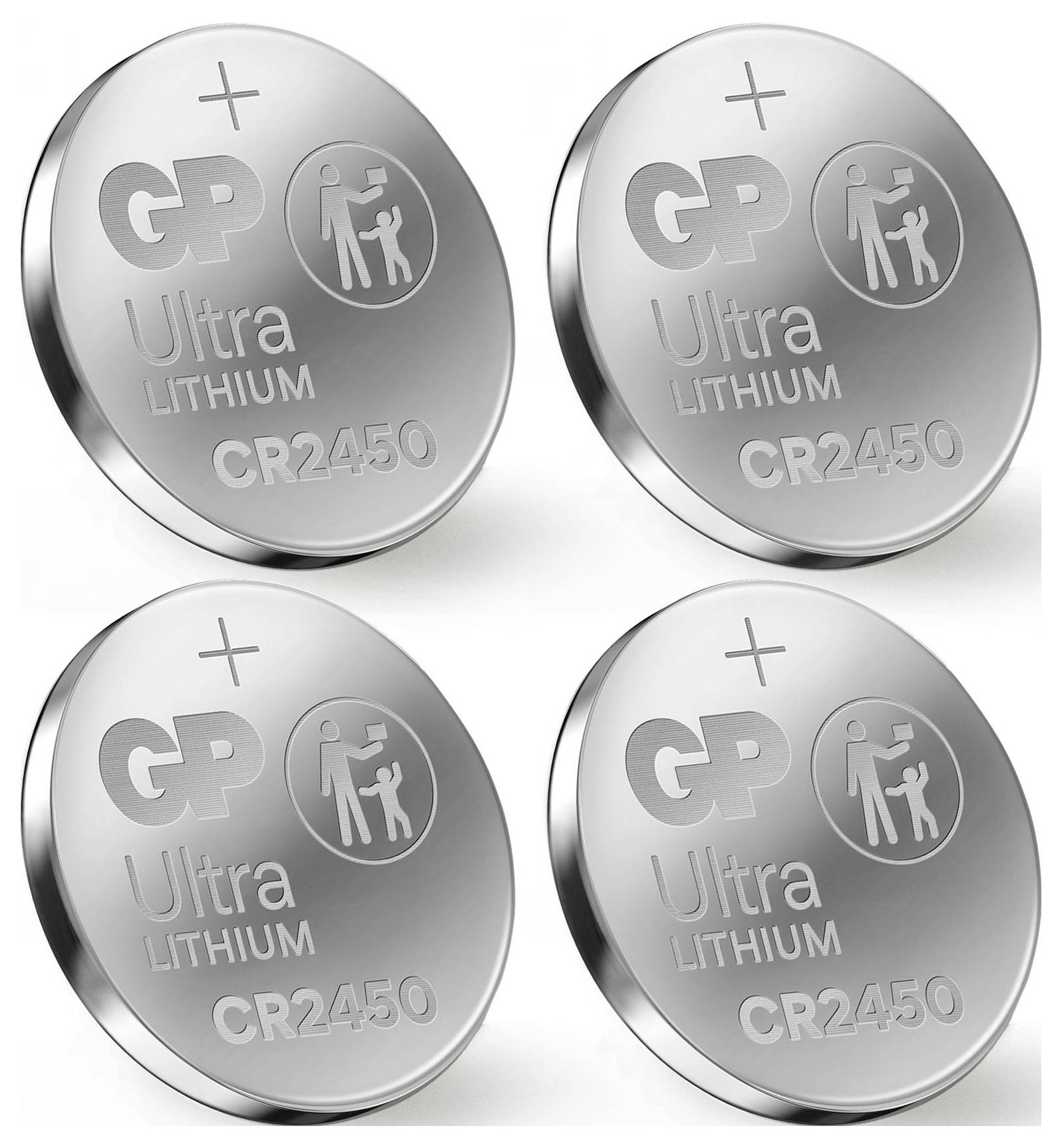 Vier silberne Knopfzellen-Batterien, jeweils mit 'GP Ultra Lithium CR2450' beschriftet und einem Symbol für ordnungsgemäße Entsorgung.