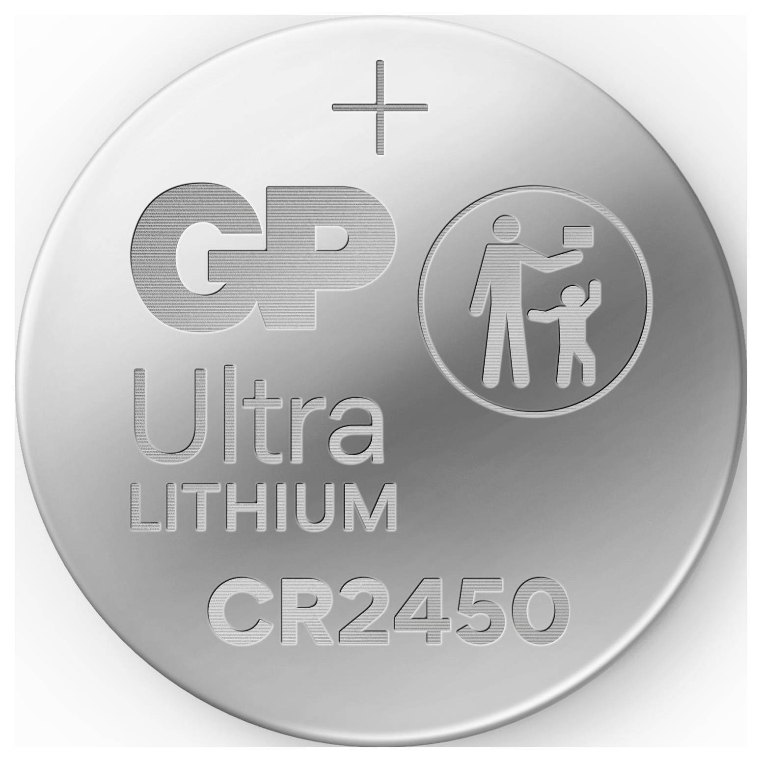 Knopfzellenbatterie 'GP Ultra Lithium CR2450' mit Pluspol-Symbol und eine Icon-Warnung zur sicheren Handhabung durch Erwachsene.