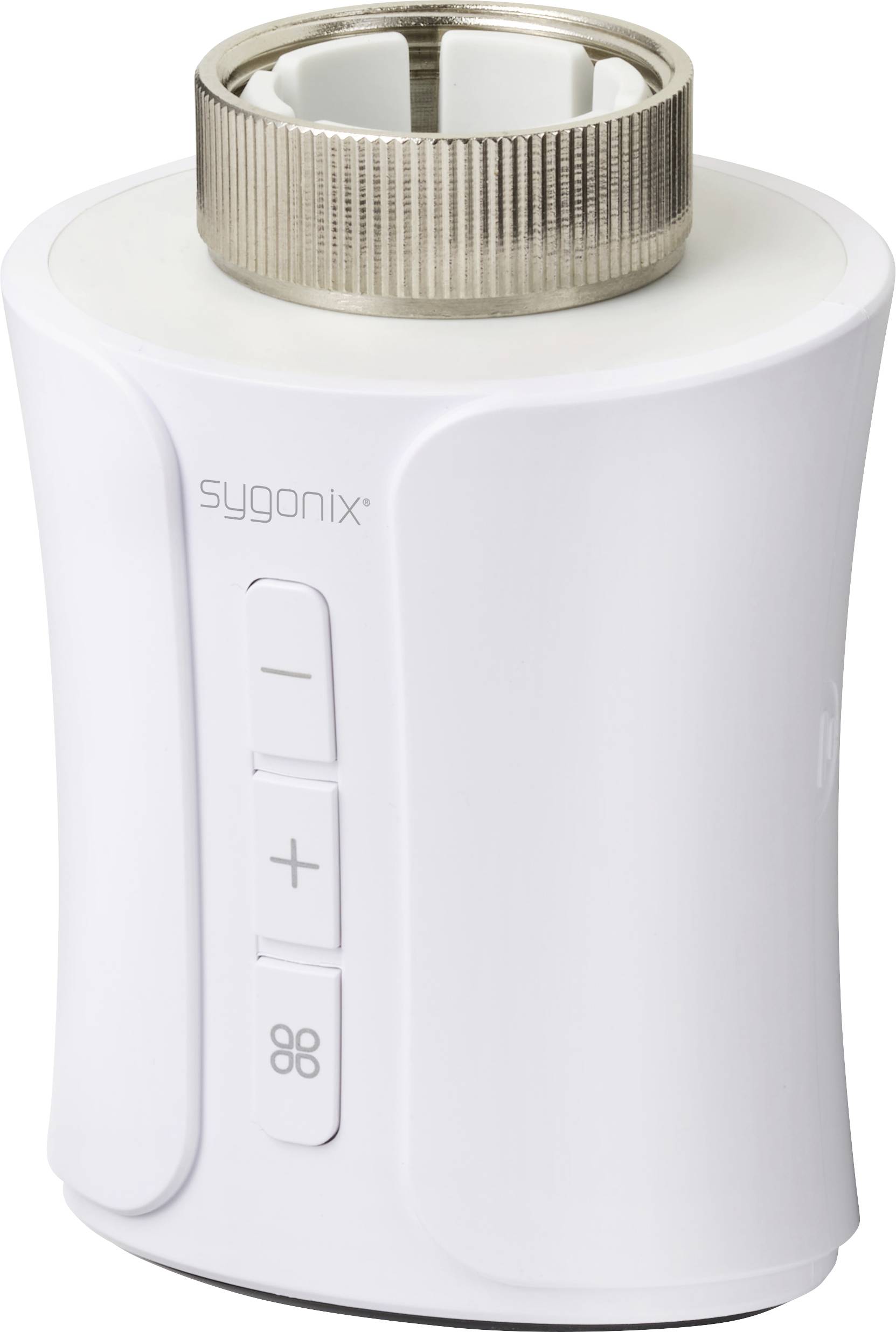 Ein weißes, zylinderförmiges Heizkörperthermostat mit silbernem Drehknopf oben. Drei Tasten an der Seite zum Einstellen der Temperatur.