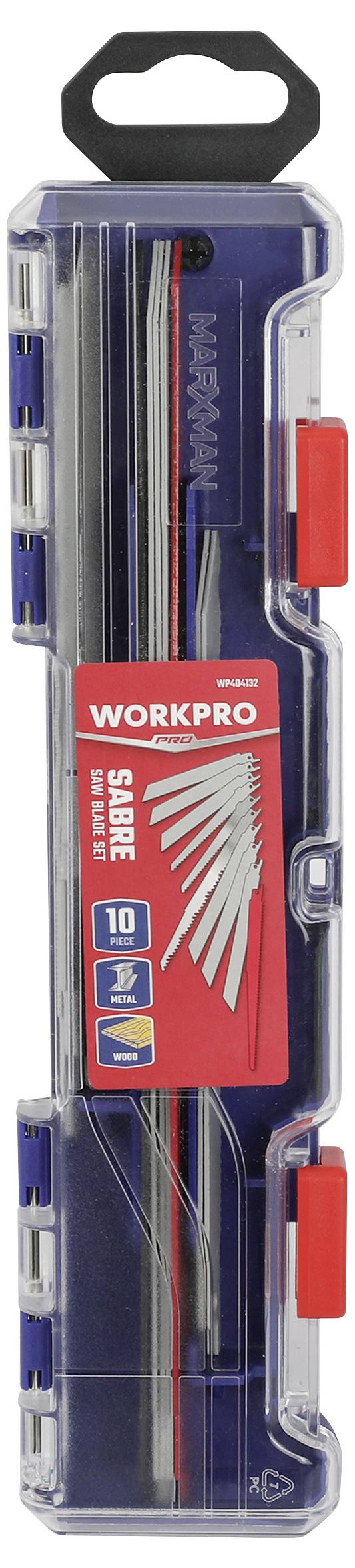 Workpro 10-teiliges Sägeblatt-Set in einem transparenten Kunststoffkoffer mit roten und blauen Akzenten, das mehrere Arten von Sägeblättern für verschiedene Zwecke zeigt.