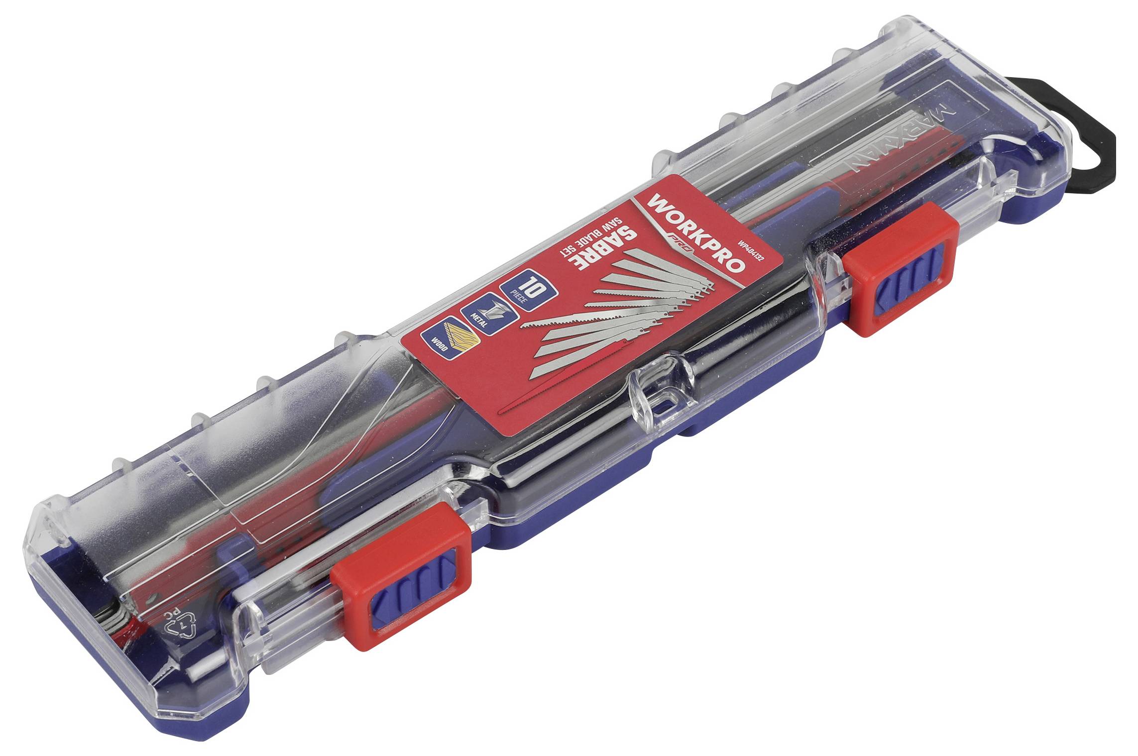 Ein Kunststoffkoffer mit einem Satz Metallsägeblätter, eindeutig gekennzeichnet mit der Marke „WORKPRO