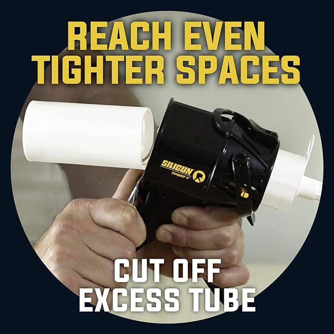 Eine Person hält eine Silikonauspresspistole und einen PVC-Rohrabschnitt. Text oben: 'Reach Even Tighter Spaces', unten: 'Cut Off Excess Tube'.