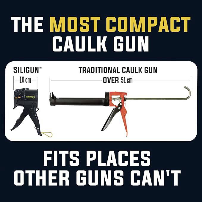 Kleinste Kartuschenpistole, Siligun: 10 cm, traditionelle: über 51 cm. Passt an Stellen, die andere Pistolen nicht erreichen.