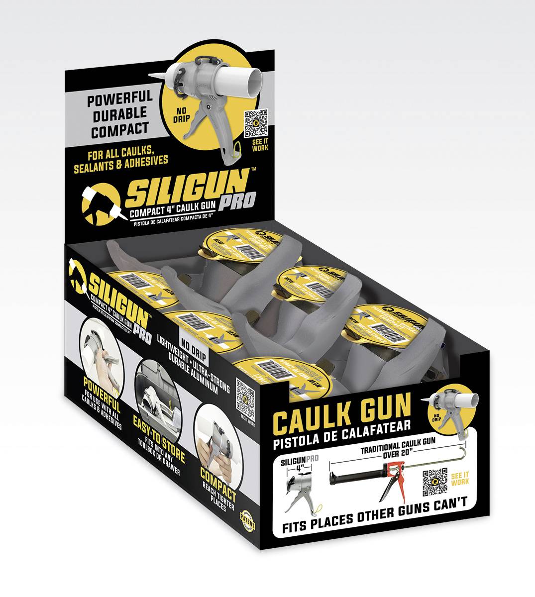 'Caulk Gun' in einer schwarzen Verpackung. Achtung auf 'Powerful Durable Compact' und 'Fits Places Other Guns Can't'. Sechs Produkte sichtbar.