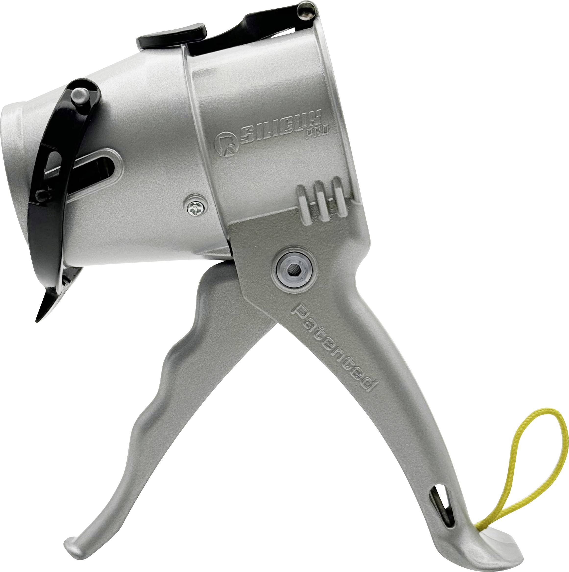 Ein silberfarbenes Handgerät mit Hebel und abgerundetem Kopf, versehen mit schwarzem Griff und gelber Schlaufe.