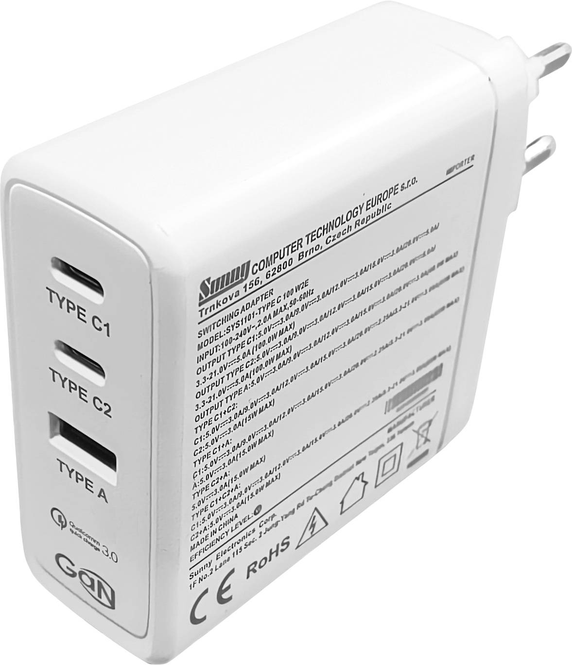 Dehner Elektronik SYS 1101-Type C 100 W2E Euro USB Ladegerät 80W 1x USB-A, 2x USB-C® USB PD 3.0, Quick Charge 3.0 Weiß