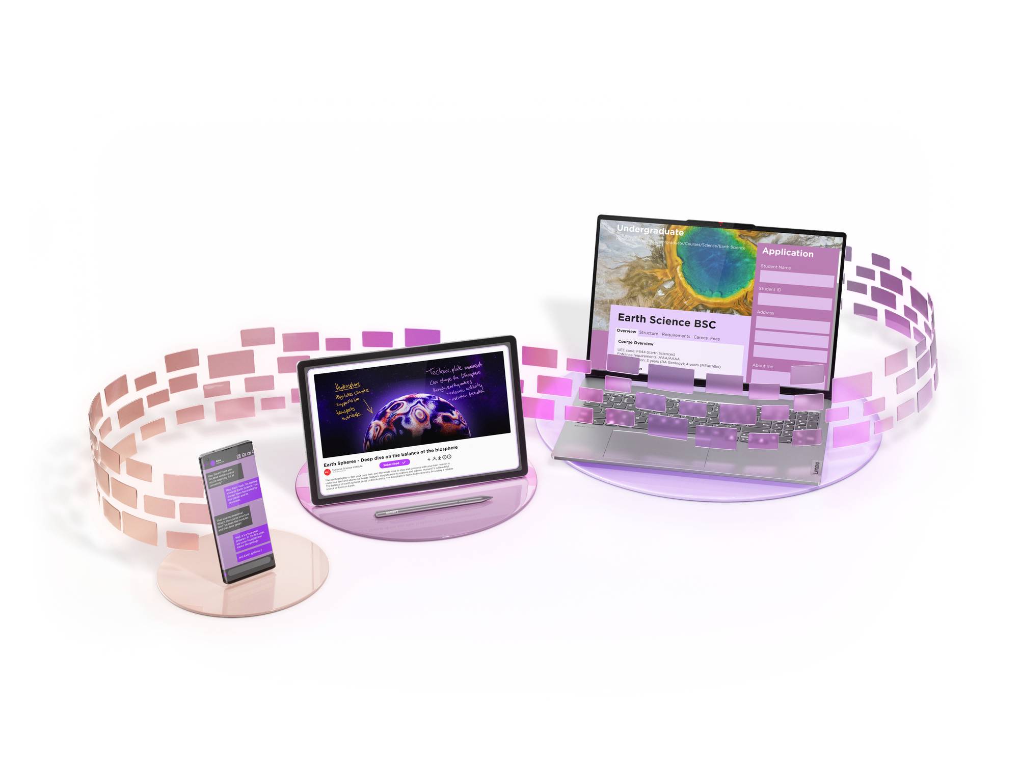 Ein Laptop, ein Tablet und ein Smartphone zeigen Lerninhalte über Geowissenschaften. Die Geräte sind durch rosafarbene Wellen verbunden.