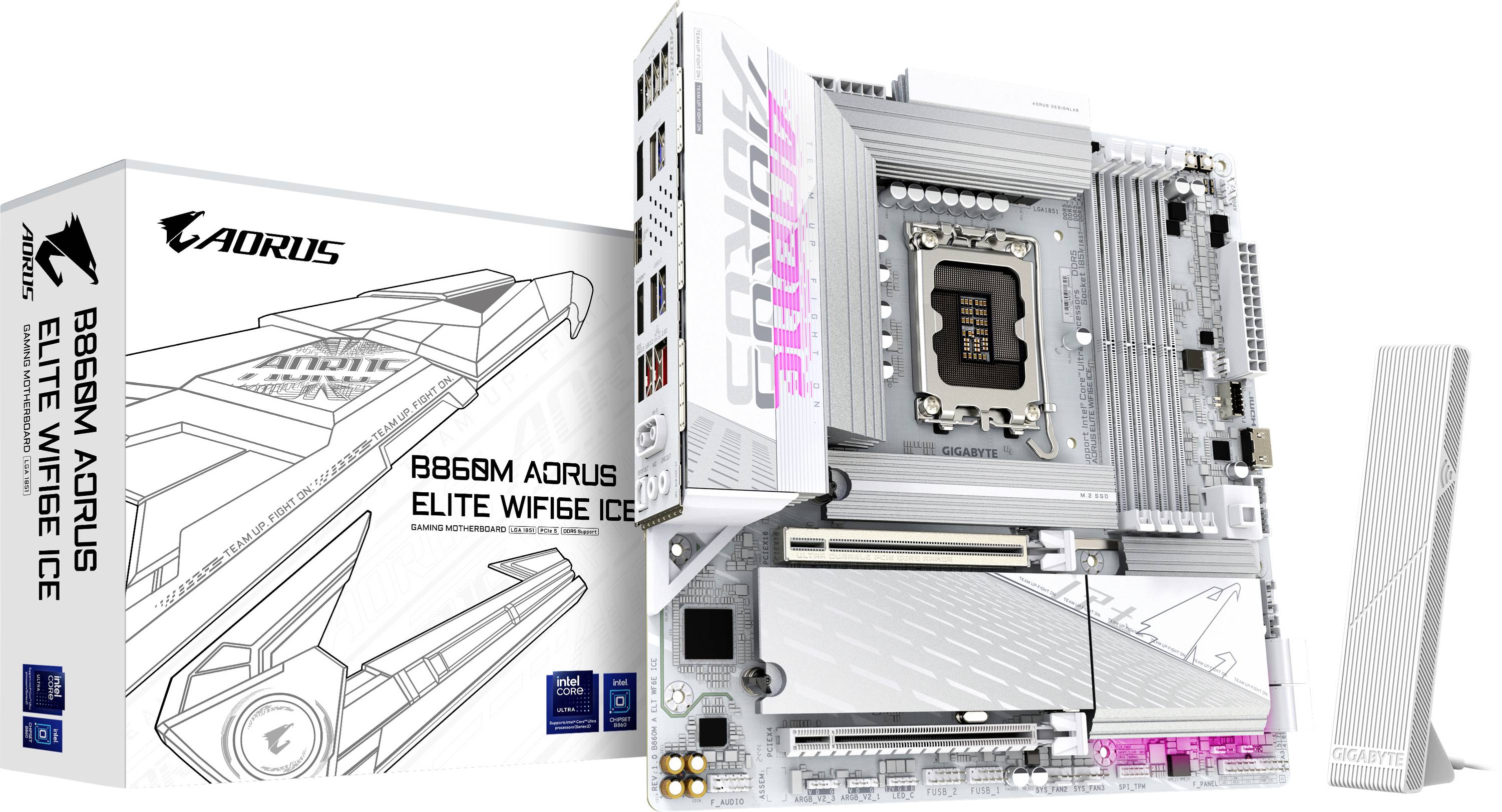 'Aorus B660M Aorus Elite WiFi Ice' Mainboard neben seiner Verpackung präsentiert, wobei das elegante Design und Branding hervorgehoben werden.