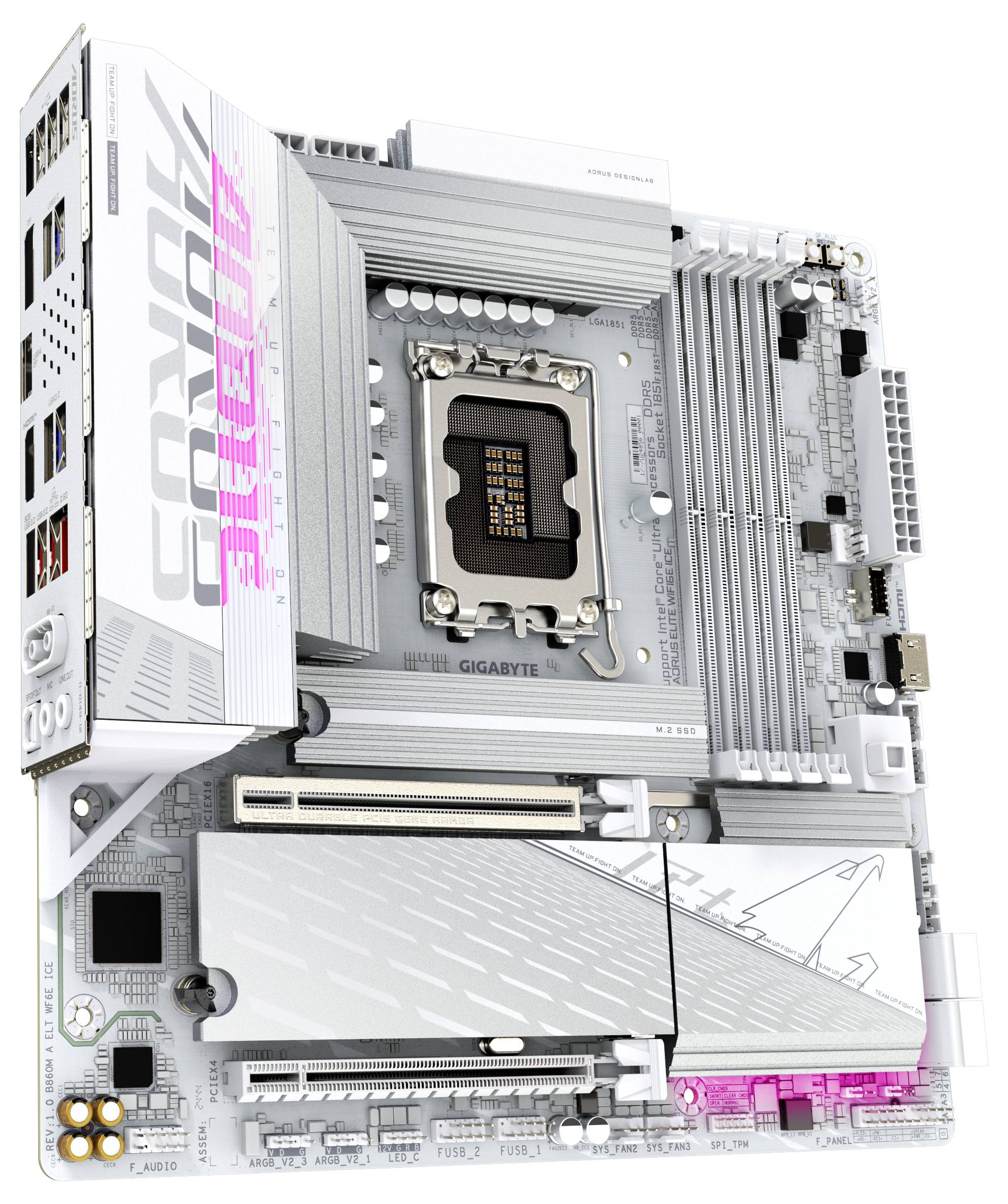 Eine Computermotherboard mit RAM-Steckplätzen, CPU-Sockel und PCIe-Steckplätzen, entwickelt für fortschrittliches Computing und Gaming, mit RGB-Beleuchtung.