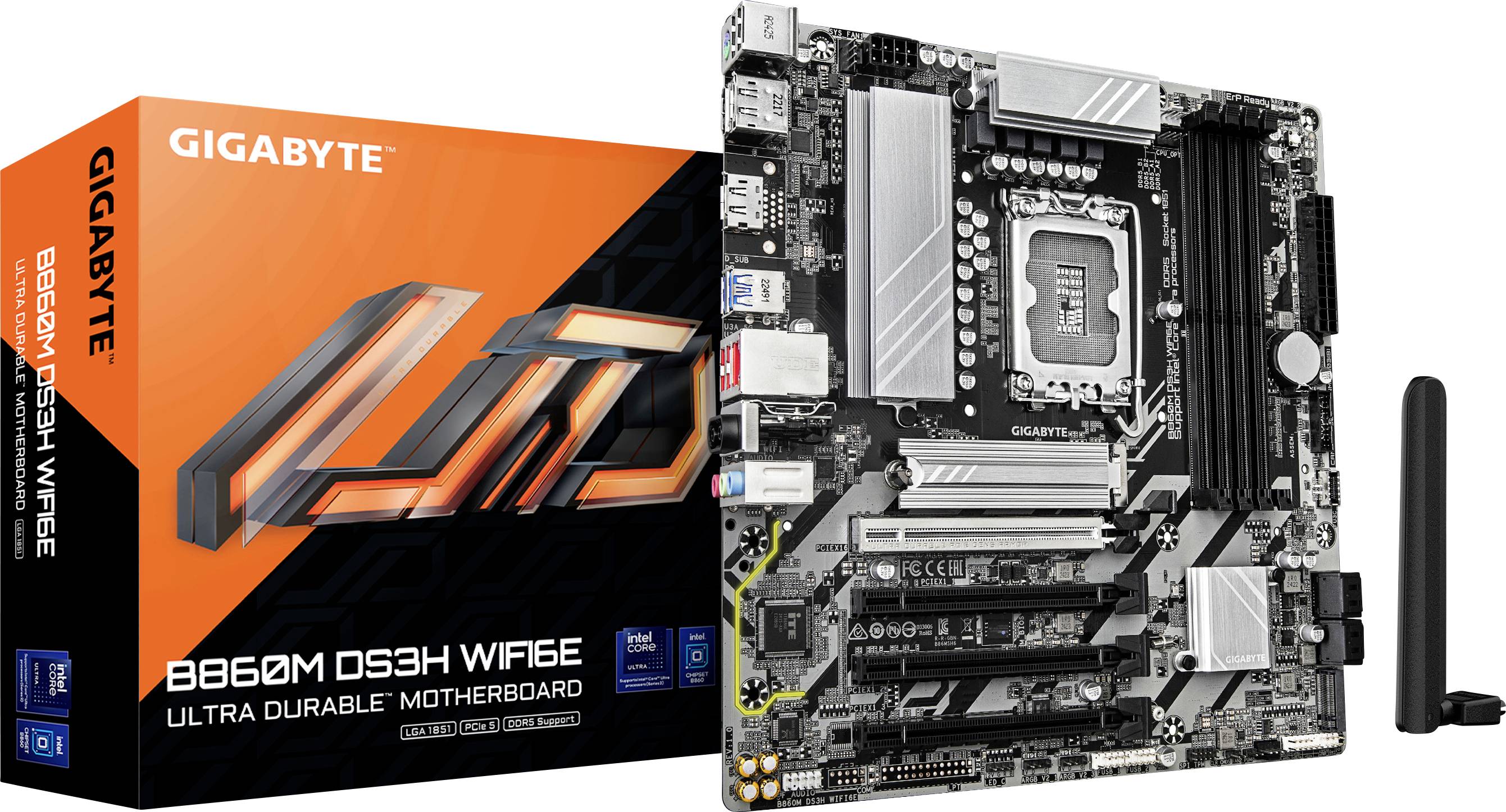 Das Motherboard 'GIGABYTE B660M DS3H WIFI 6E' und seine Verpackung werden präsentiert, wobei die Merkmale 'Ultra Durable' und WiFi 6E hervorgehoben werden.