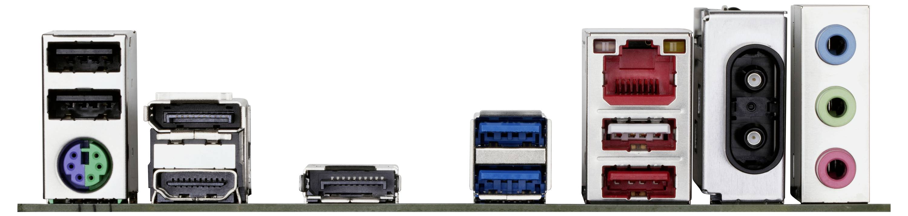 Verschiedene Computeranschlüsse und Verbinder, einschließlich USB, HDMI, Ethernet und Audioklinkenbuchsen, sind auf dem Rückpanel eines Mainboards aufgereiht.
