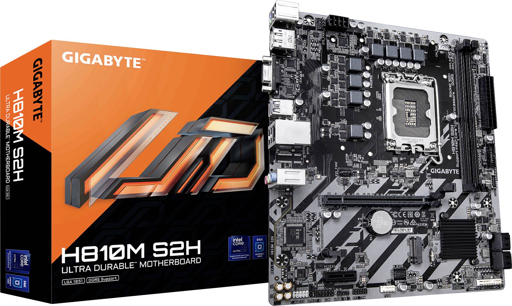 Eine Gigabyte H610M S2H Mainboard neben seiner orange-schwarzen Verpackung, auf der 'H610M S2H Ultra Durable Motherboard' steht.