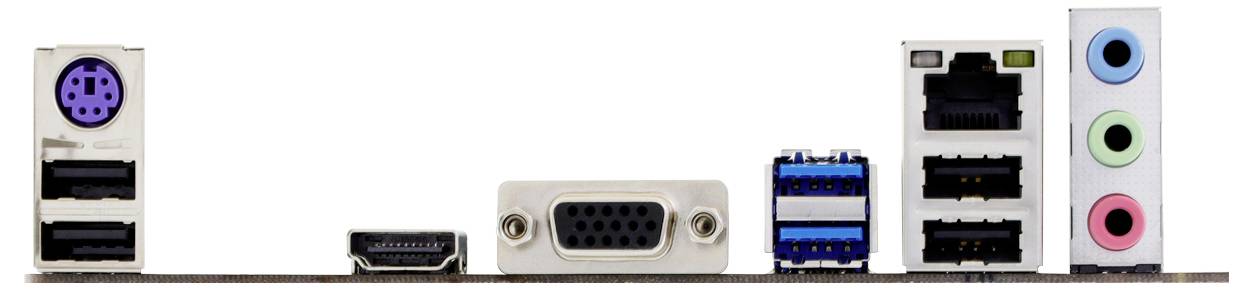 Eine Computermotherboard-Rückseite mit verschiedenen Anschlüssen: PS/2-, USB-, HDMI-, VGA-, Ethernet- und Audioports in unterschiedlichen Farben.