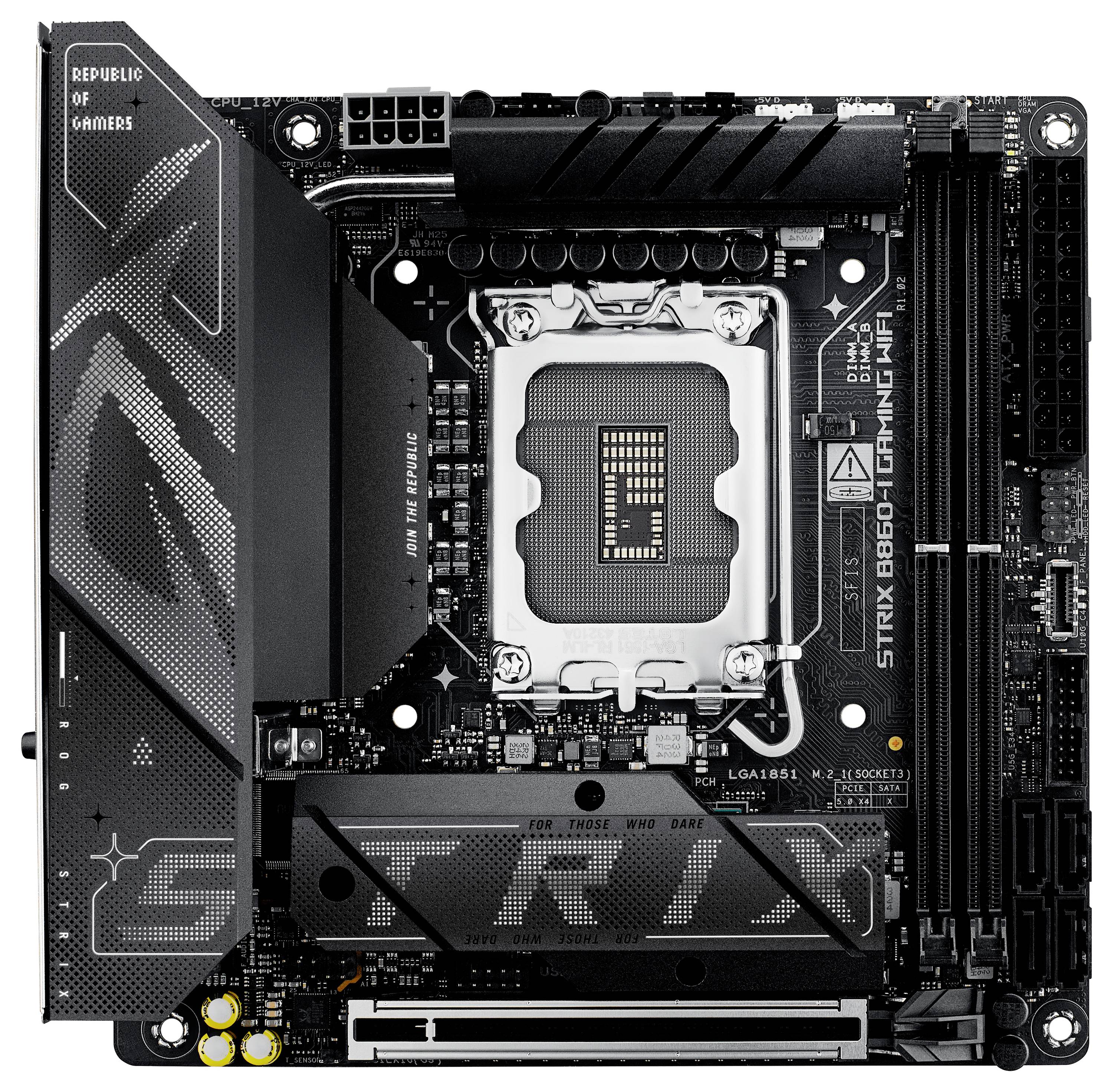 ASUS ROG Strix B660-I Gaming WiFi Mainboard: kompaktes Design, LGA 1700 Sockel, doppelte M.2 Steckplätze, schwarze Leiterplatte mit grauen Akzenten.