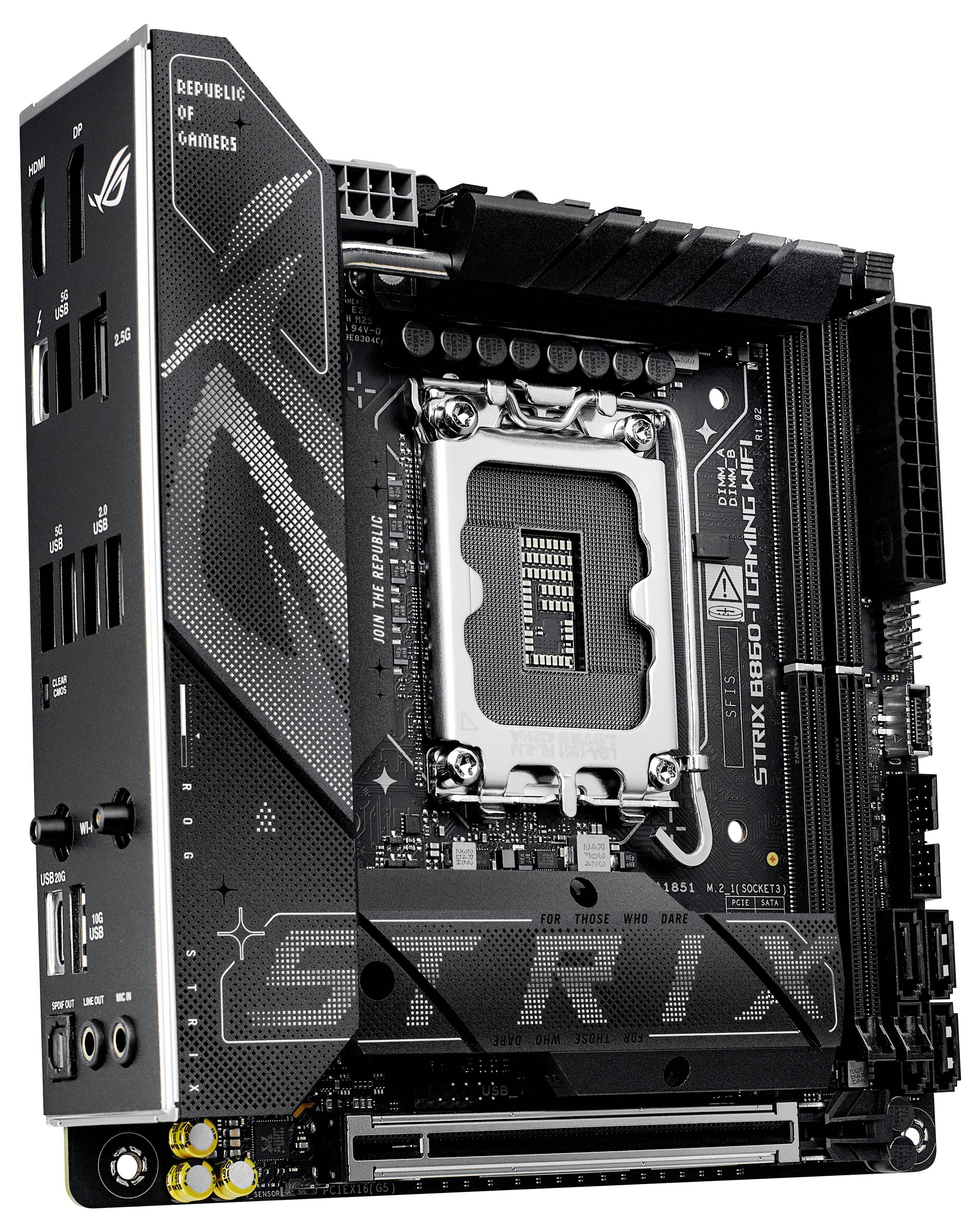 'ASUS ROG Strix B560-I Gaming WiFi' Mini-ITX-Mainboard mit mehreren Anschlüssen und hervorgehobener Grafik, speziell für Gamer entwickelt.