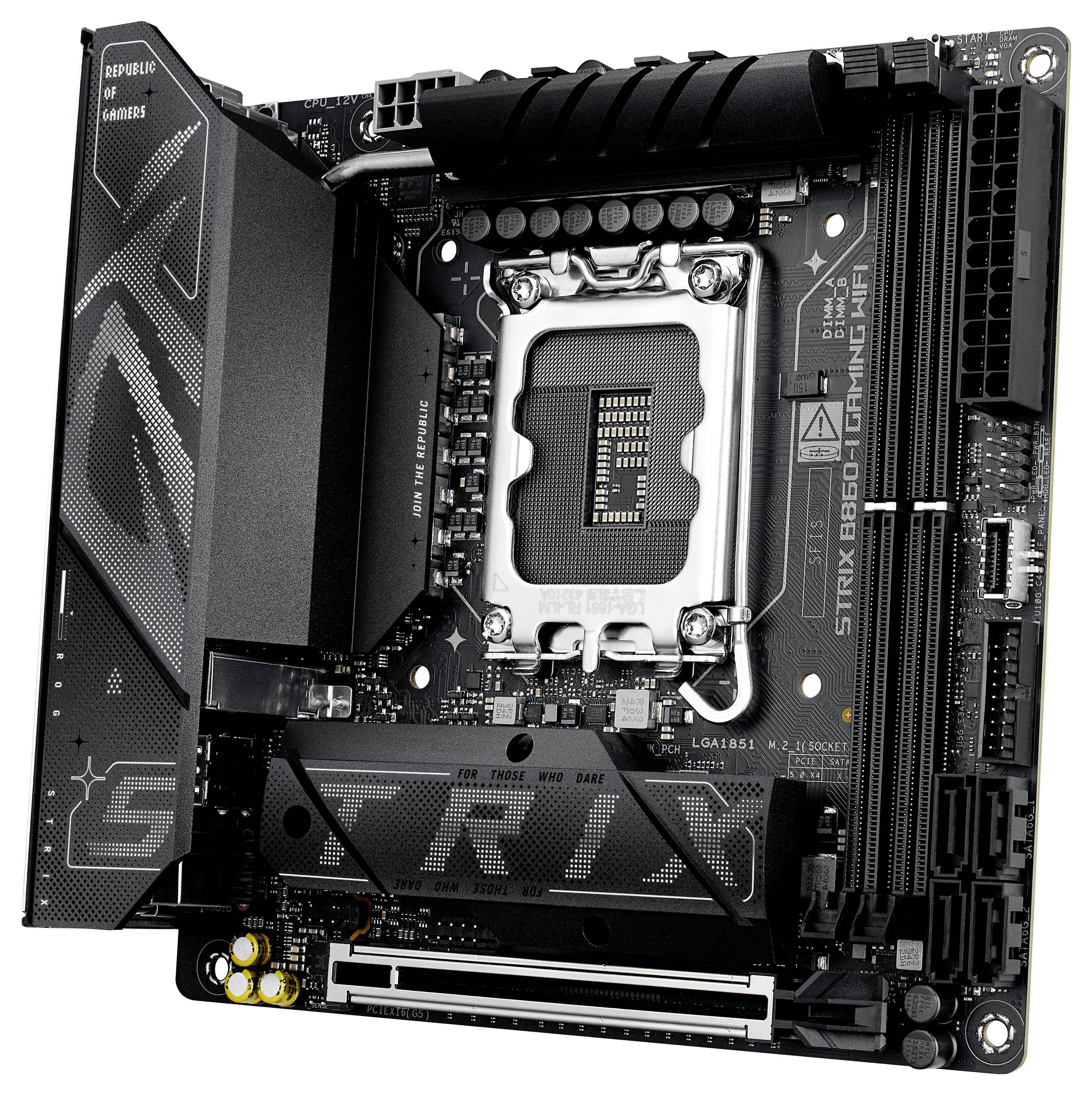 Mainboard mit einem prominenten CPU-Sockel in der Mitte, beschriftet mit 'ROG STRIX B660-I GAMING WIFI', mit Steckplätzen für RAM und verschiedenen Anschlüssen.