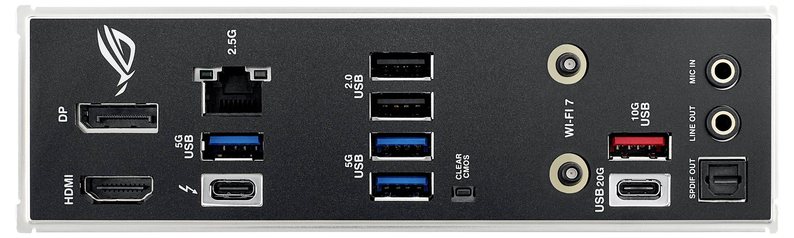 Rückseite eines Computermotherboards mit mehreren Anschlüssen: DisplayPort, HDMI, Ethernet, USB 2.0, USB 3.0, USB-C, WLAN-Anschlüssen und Audioausgängen.